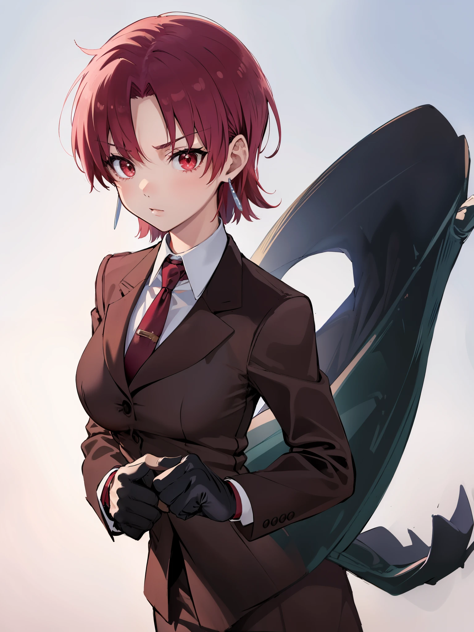 (masterpiece, best quality:1.2), bazett, fgo, 1girl, solo, short hair, red hair, bangs, red eyes, large breasts, black gloves, formal suit, necktie, jacket, upper body, earrings,