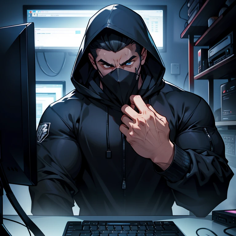 In the dimly lit room, a figure clad in a black hood sat intently in front of a large computer screen, his hands flying across the keyboard with practiced ease. every line and curve of his features was rendered in exquisite detail in this high-definition 4K image. His brow furrowed deeply in concentration as he delved deep into the digital world, lost in the intricacies of his hacking endeavors. The black hood concealed his face, but the beads of sweat on his forehead and the stubble on his chin were visible beneath the edge. His fingers moved with precise agility over the mouse, the tension in his shoulders and the steady rhythm of his breathing betraying the intensity