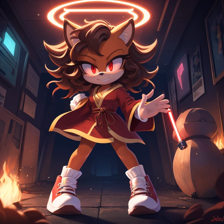 mobian, hedgehog, two-tone fur ((orange fur, brown fur)), red robe, small breasts, red lightsaber, high-top sneakers, two-tone hair (brown hair, black tip)), curly hair, red halo, red aura, jewelry, red glowing eyes, with an army behind her, longeyelashes, red eyes, smirk, super dark room, high detail, masterpiece, UHD, anatomically correct, super detail, highres, 4K