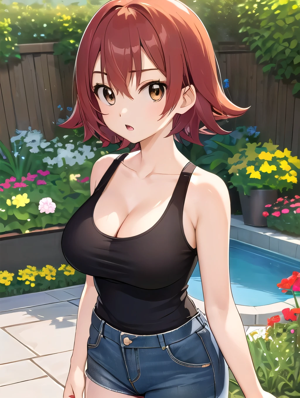 highest quality、masterpiece、High resolution、be familiar with、perfect anatomy、anime girl、solo、close your mouth、((middle School girls、************))、big breasts、girl with big breasts、cleavage、black tank top、Skin tight tank top、collarbone、denim short、garden、 Are standing、redhead、short hair、brown eyes、