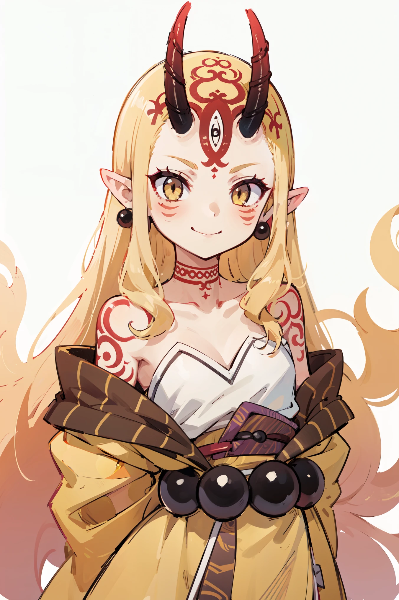 1girl, solo, (ibaraki_douji), blonde, yellow eyes, oni horns, japanese clothes, pointy ears, kimono, bare shoulders, off shoulder, yellow kimono, flat chest, forehead, ((arms behind back)), hair accesories, straight hair, jewelry, earrings, large smile, smug, upper body, standing, masterpiece, best quality, 8k, beautiful