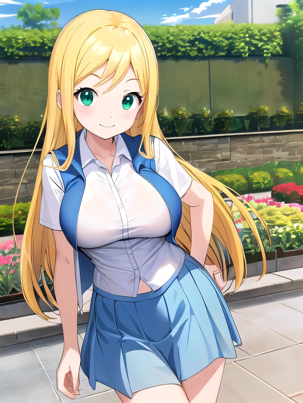 highest quality、masterpiece、High resolution、be familiar with、perfect anatomy、anime girl、solo、Blue Vest、((middle School girls、************))、white shirt、garden、smile、long hair、blonde、green eyes、Are standing、close your mouth、Surprised、big breasts、girl with big breasts、blue skirt、mini skirt、Tight Skirt、