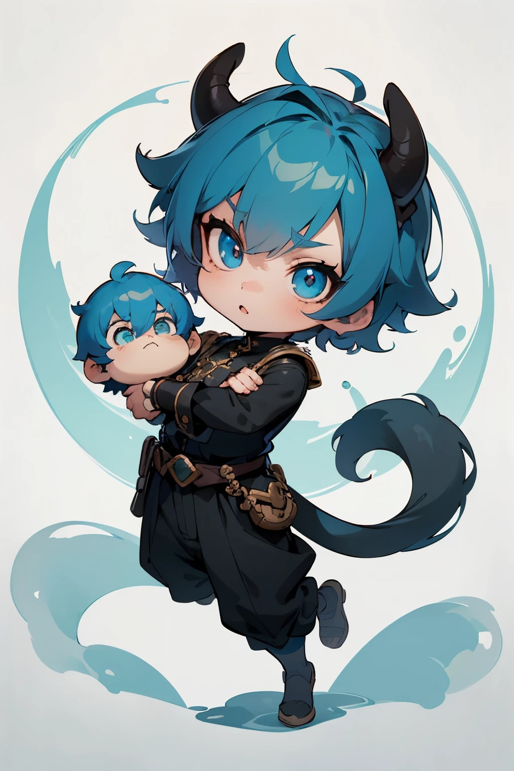 boy, full body, cartoon style, chibi style, cute, monkey tail, ogre horn, beautiful face, blue color eye, beautiful eye, high detailed pupil, double eyeylid, high detailed skin, high quality skin, blue color hair, very short hair, black clothes, masterpiece,