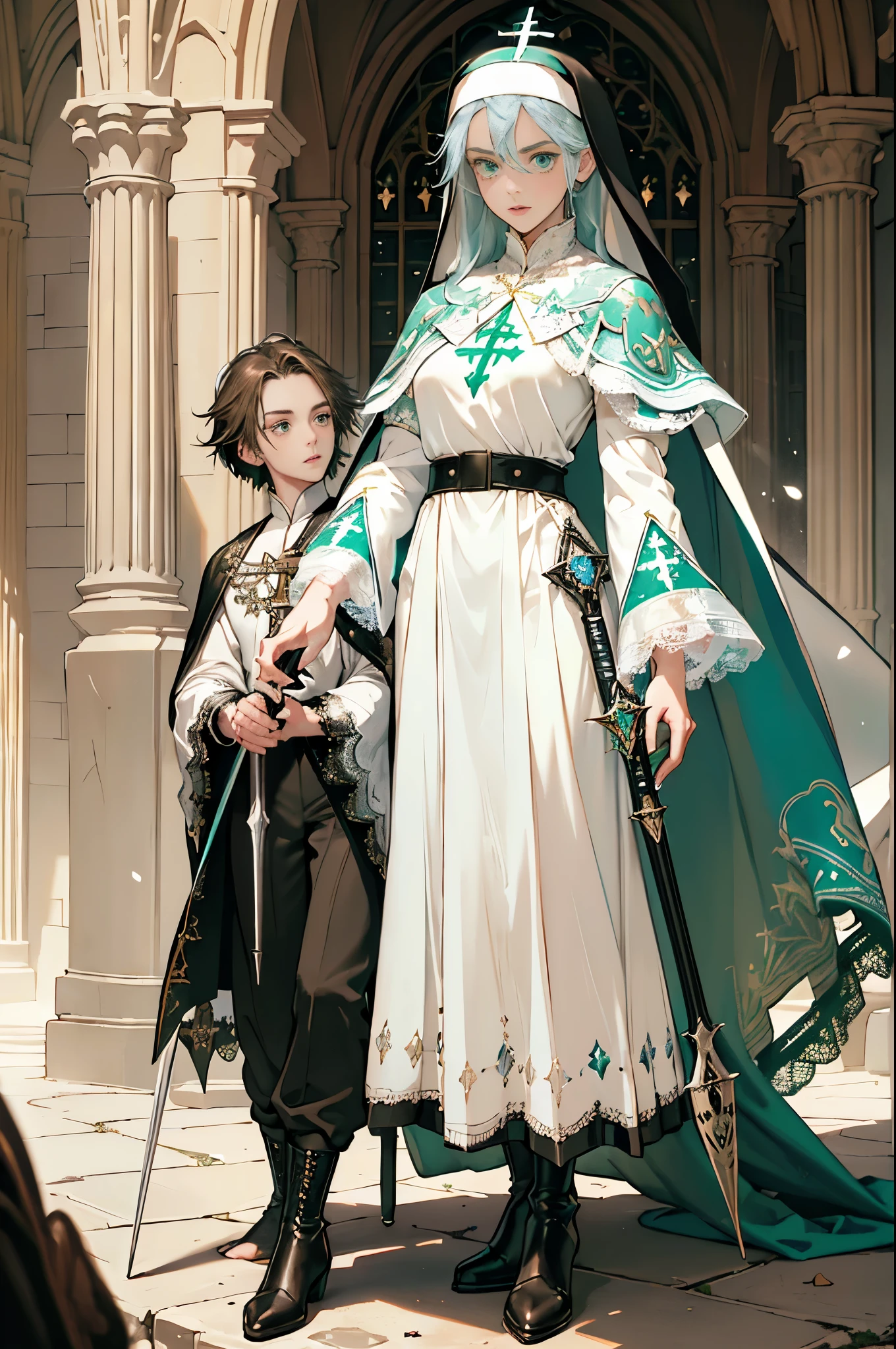 masterpiece, ultra detailed, 8k portrait, RAW photo, portrait photography, Highly detailed face, beautiful and meticulous eyes, ((Fantasy)), Young beautiful, (((Nun))), (((((standing))))), ((light blue long thin hair)), ahoge, forehead, Gentle face, White skin, (((green and white puffy sleeve lace priest robes))), ((brown cape)) Fluttering in the wind, (((lowleg kneel length pants))), Leather boots, ((((equip a magic wand)))), Midday Sun, Hyper realistic, Body model, Small breasts, Beautiful breasts, Long legs, in the medieval adventurer's guild, Ambient lighting, Shadow details, Camera focus on face, strong breeze, Light fog