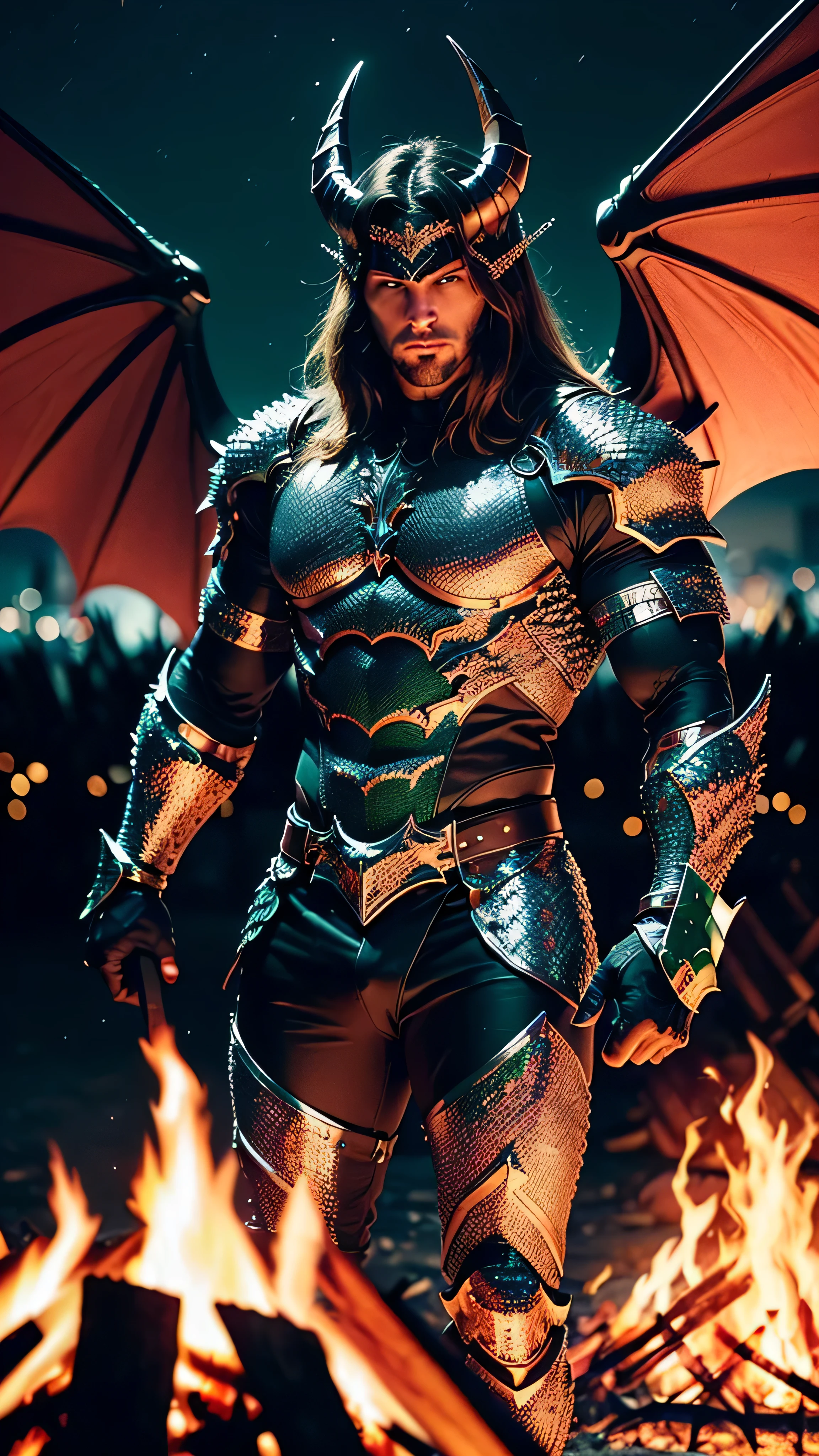 (masterpiece), (extremely intricate:1.3), (realistic), muscular masculine man ,(handsome, demon skin, Static hair, ((red black dragon wings, titanium horns, serious, ((night, bonfire, dark, black green scalemail breastplate, metal gauntlets))))), metal reflections, upper body, outdoors, professional photograph, detailed, sharp focus, dramatic, award winning, cinematic lighting, volumetrics dtx, (film grain, blurry background, blurry foreground, bokeh, depth of field, interaction), 8K