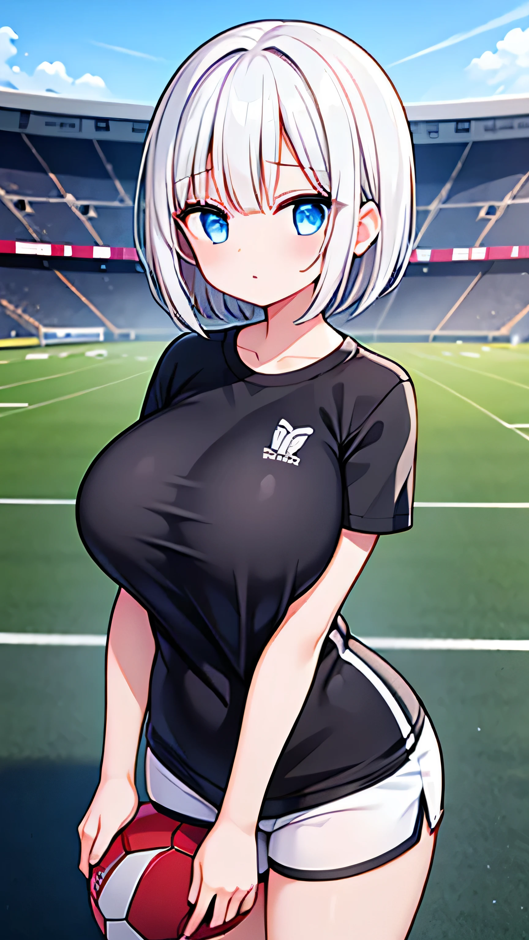 girl, ???????????, white short hair, black shorts, white T-shirt, blue eyes, football field background