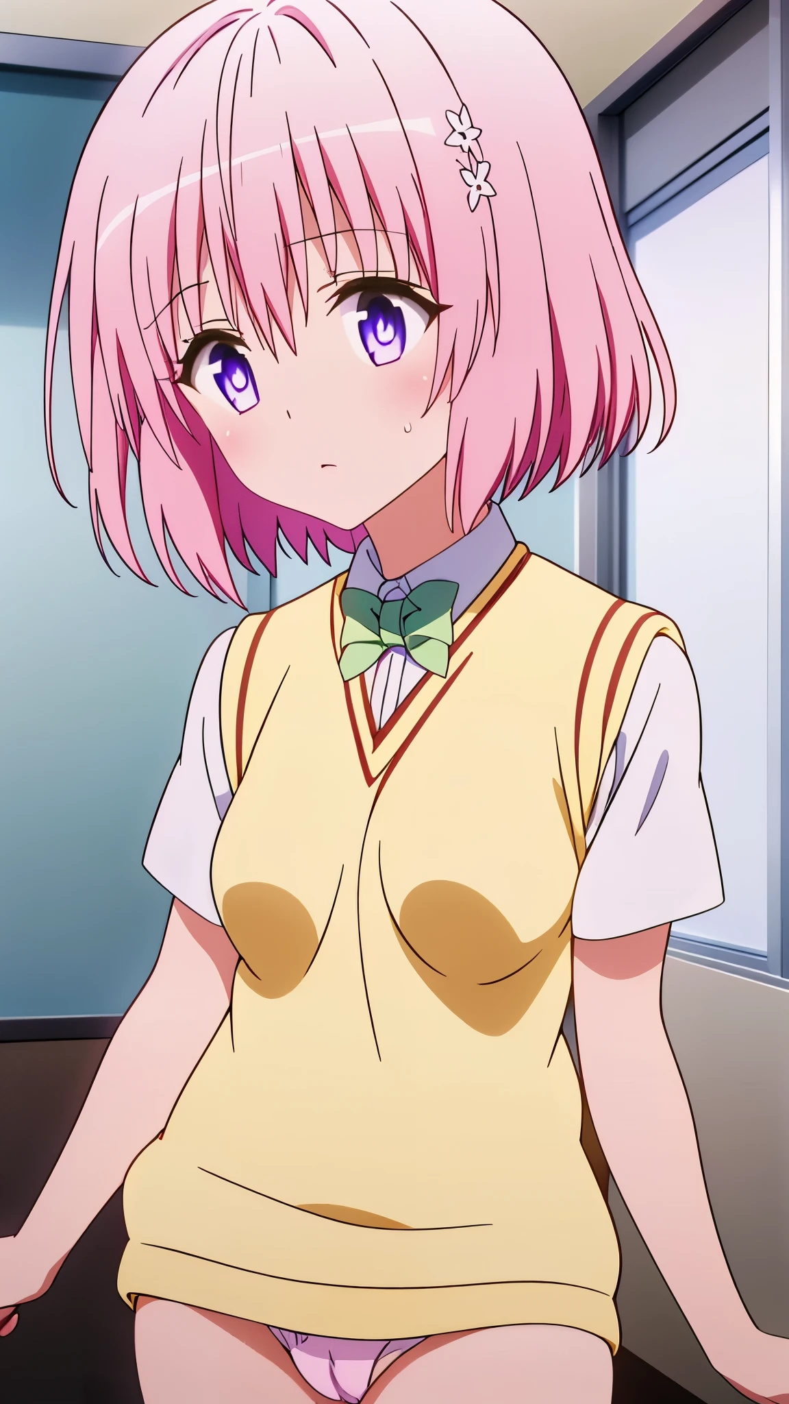 Momo Belia Deviluke, PH Momo, maternal, Fumomo, alone, 1 girl, pink hair, purple eyes, short hair, hair flower, sweater vest, ,(yellow sweater:1.2), Big eyes, plaid skirt, black stockings, (masterpiece:1.2, highest quality), (Beautiful detailed eyes: 1.2), (beautiful and detailed face), (sharp facial hair between the eyes, classroom, (More about white panties, camel toe), , I will polish, transparent panties, (((lift shirt, good))),