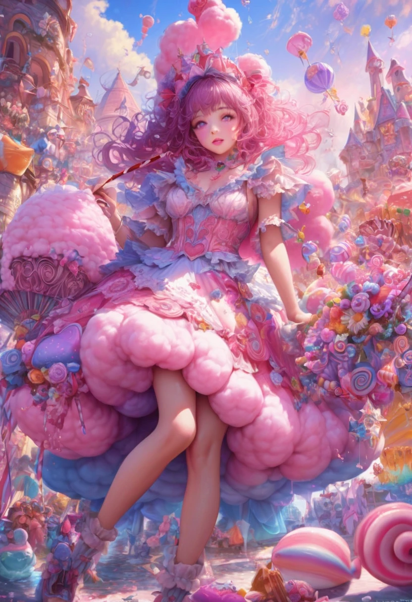 1girl, Candyland, aesthetic, (best quality, highres), ultra-detailed, (realistic:1.37), vibrant colors, candy-themed, dreamlike, enchanting, whimsical, sunlit, joyful, playful, sugary attire, magical, enticing aroma, candy castle, candy river, cotton candy clouds, lollipops, candy cane columns, sugar sculptures, gumdrop boats, candy fish, vibrant flowers, cheerful musicians