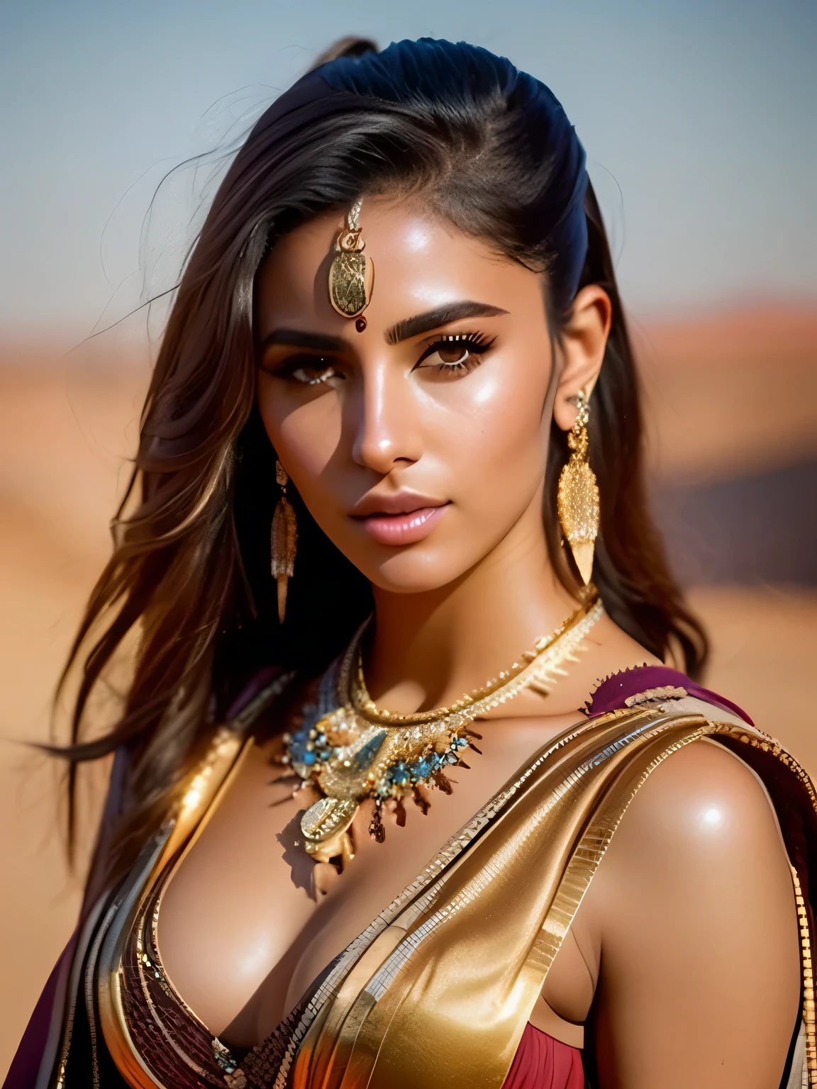 fking_scifi, fking_scifi_v2, portrait of a young, seductive, extremely beautiful and attractive Arabic woman, in front of a city in the desert, long messy hair, rich colorful clothes and golden jewelry, close up, regal pose and attitude. fking_cinema_v2.