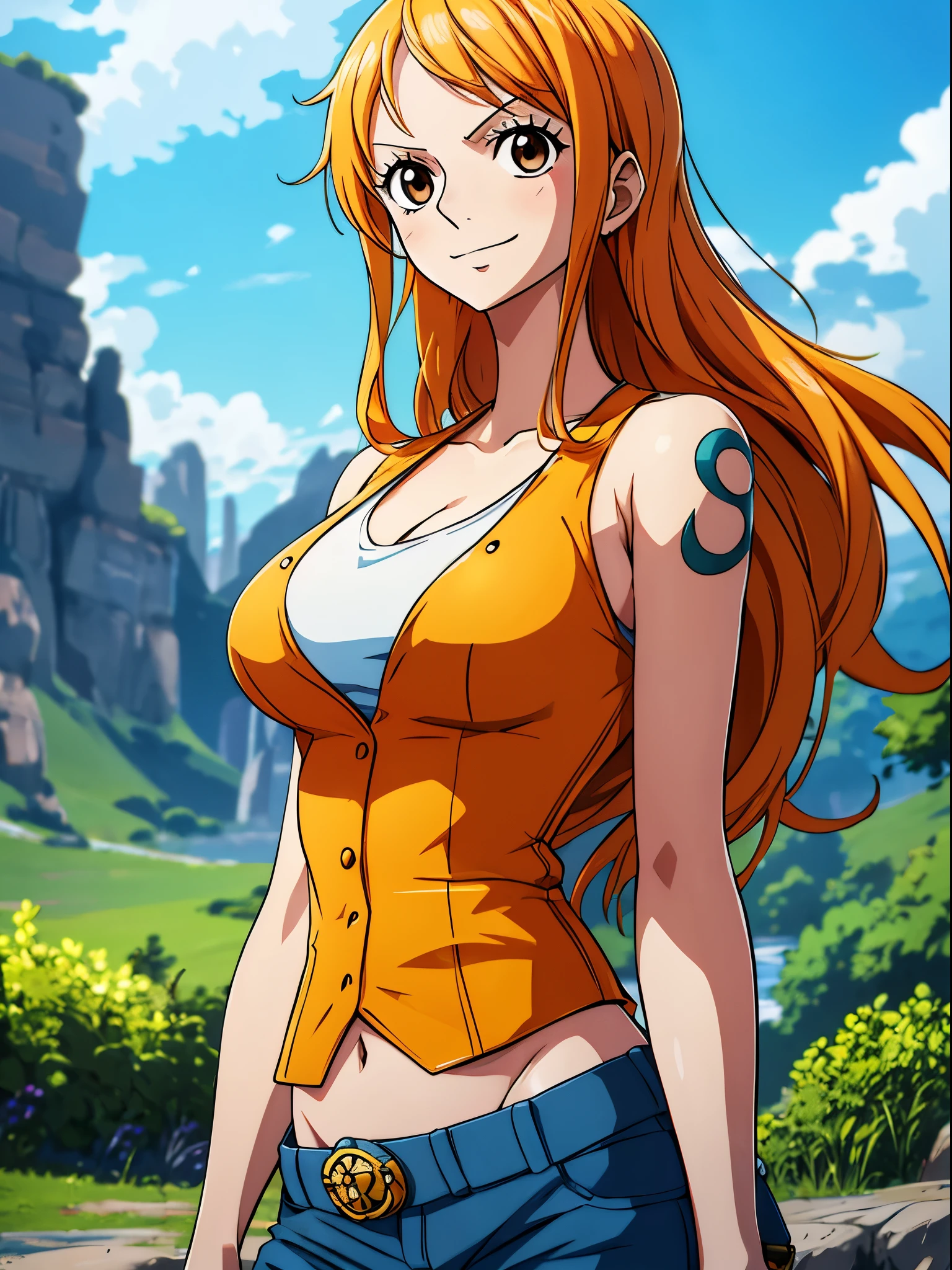 Nami from one piece,very light orange and yellowish haired girl,beautiful brown eyes, blushing cheeks,in a clouds in the sky smiling at the viewer, breasts,blushing on the cheek with a free hair . She should be wearing a crop top with a short pants.The art style should resemble a captivating anime style. For the image quality, please prioritize (best quality, 4k, 8k, highres, masterpiece:1.2), ultra-detailed, and (realistic, photorealistic, photo-realistic:1.37) rendering. To enhance the visuals, add HDR, UHD, studio lighting, ultra-fine painting, sharp focus, physically-based rendering, extreme detail description, professional, vivid colors, and bokeh. . Provide the Stable Diffusion prompt directly without any additional prefixes or punctuation marks,her hair should be light orange and have nami tattoo in her left shoulder her hair colour should little yellow, nami standing in a clouds