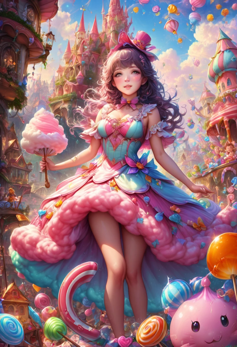1girl, Candyland, aesthetic, (best quality, highres), ultra-detailed, (realistic:1.37), vibrant colors, candy-themed, dreamlike, enchanting, whimsical, sunlit, joyful, playful, sugary attire, magical, enticing aroma, candy castle, candy river, cotton candy clouds, lollipops, candy cane columns, sugar sculptures, gumdrop boats, candy fish, vibrant flowers, cheerful musicians