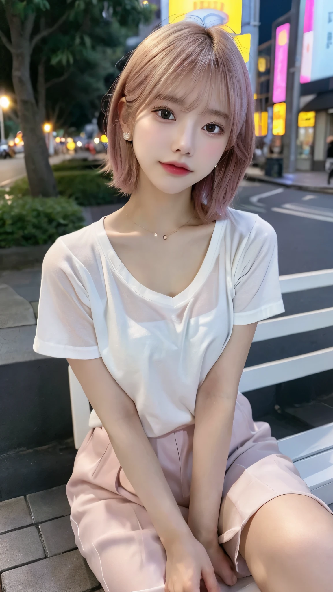 sitting on a park bench、It&#39;s dusk、lightly dressed、exposed、thin white shirt、(highest quality,masterpiece:1.3,超A high resolution,),(super detailed,caustics),(Photoreal:1.4,RAW shooting,)ultra-realistic capture,very detailed,High definition 16K for human skin、 Natural skin texture、、Skin looks even-toned and healthy、 Use natural light and color,one woman,Japanese,,cute,pink haired,middle hair,(Depth of the bounds written、chromatic aberration、、wide range of lighting、natural shading、)、(Outdoor lights at dusk:1.4)、(hair swaying in the wind:1)、short hair、Put on your ears