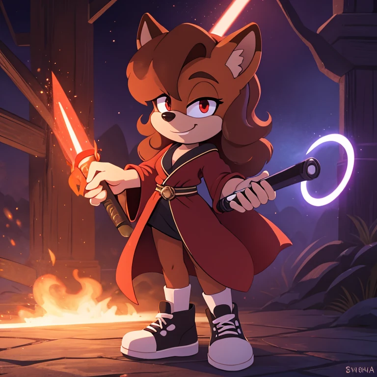 mobian, hedgehog, two-tone fur ((orange fur, brown fur)), red robe, small breasts, red lightsaber, high-top sneakers, two-tone hair (brown hair, black tip)), curly hair, red halo, red aura, jewelry, red glowing eyes, with an army behind her, longeyelashes, red eyes, smirk, super dark room, high detail, masterpiece, UHD, anatomically correct, super detail, highres, 4K