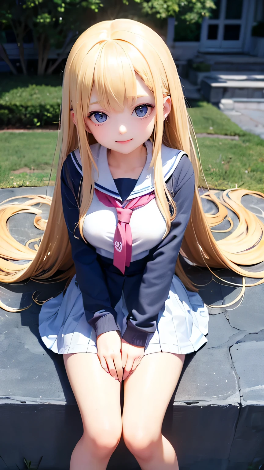 very cute girl、、light yellow hair、long straight hair、Bangs are too close to the eye、Light Blue Eye、(normal ears)、thin arms、Beautiful body、slim legs、big eyes、large, well-shaped breasts,、clear white skin、smile、(school uniform、uniform white and blue)、Rose Garden、Super high quality、digital single lens reflex、