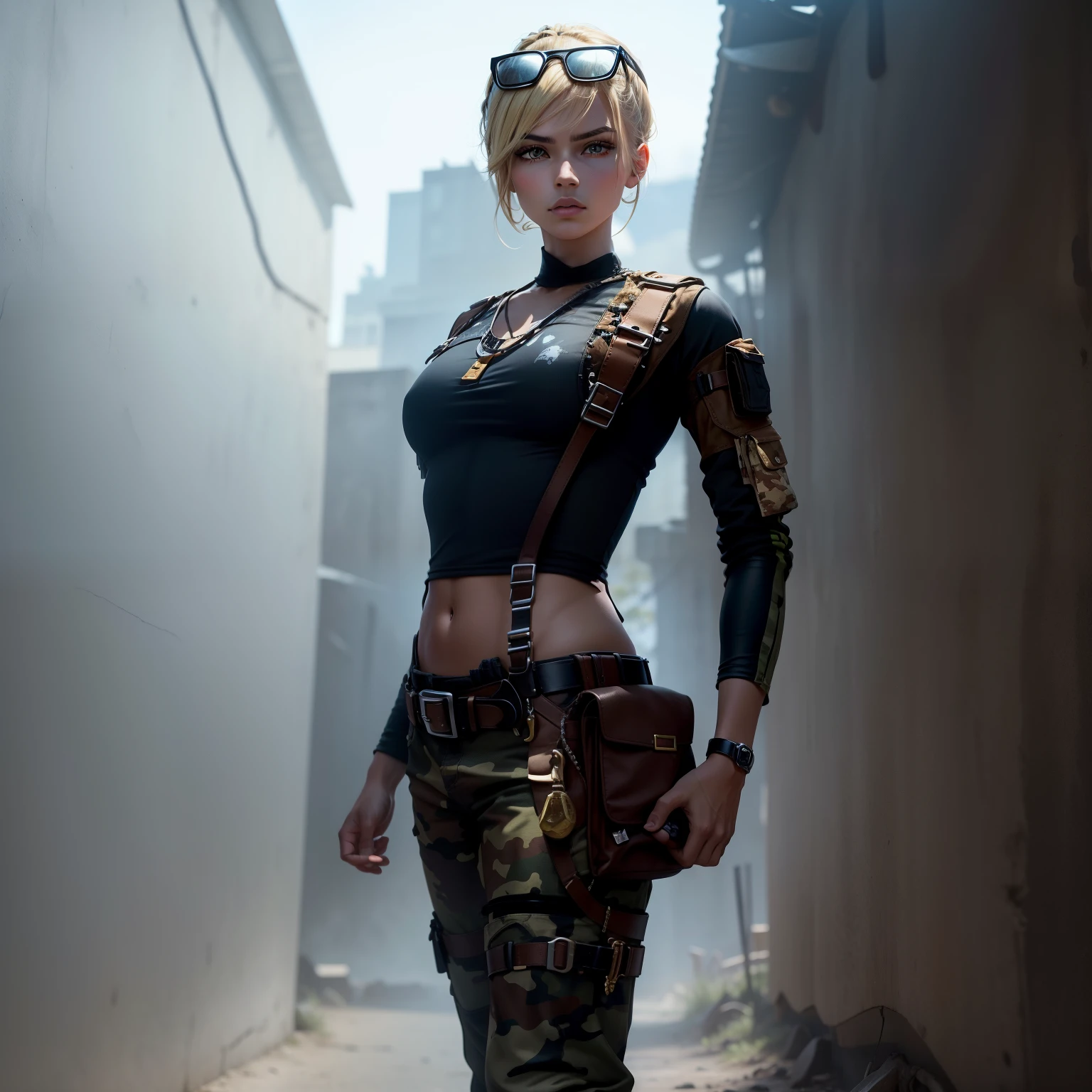 create a western style does not change details does not change colors does not change clothing details high quality high definition 8k blonde hair camouflage pants leave a grenade on the belt