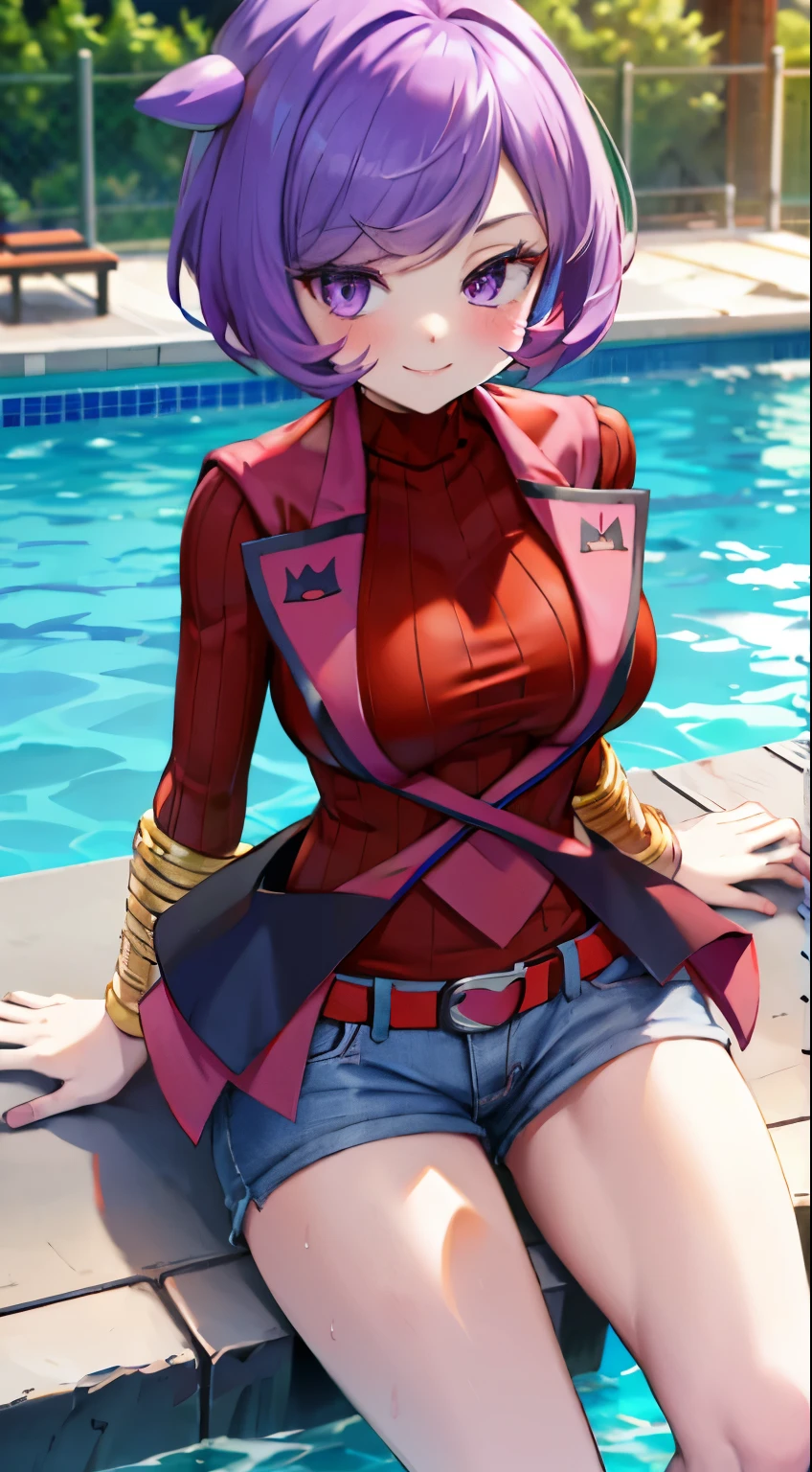 purple hair，purple eyes，short hair，，Red killer swimsuit，Denim shorts，big breasts，swimming pool，Courtney（Pokémon）blush，Smile