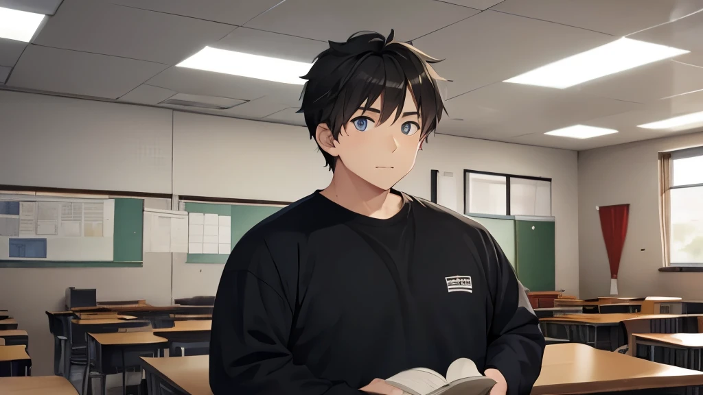 A little plump、male、18 year old high school student、Hair is black、Eyes are black、School、classroom、reading a book