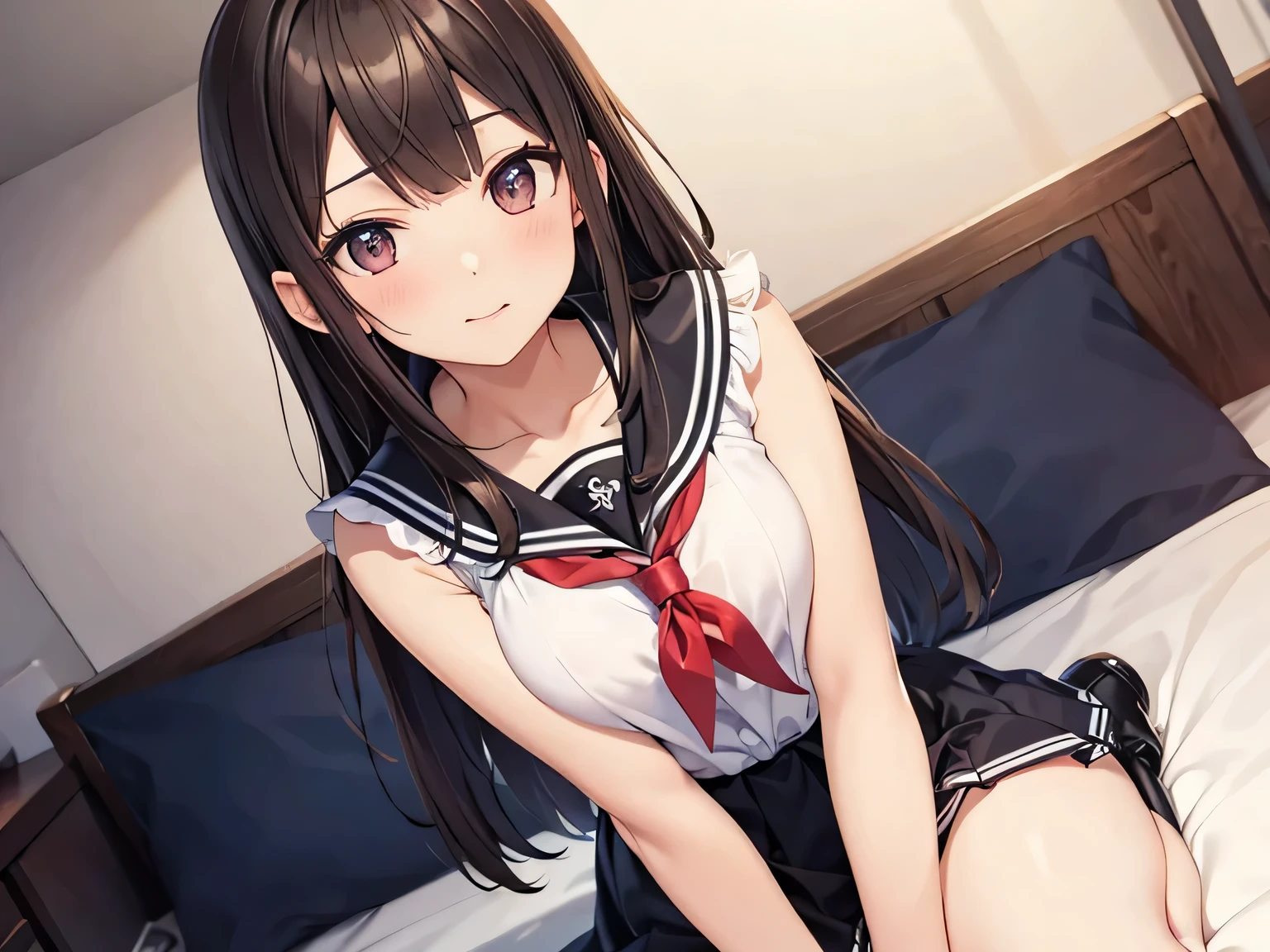nsfw,1Girl, lying in bed:1.0, (lie on one’s back:1.0), dark hair, long hair, black long-sleeved sailor uniform, black pleated skirt,white bra, white panties, (open clothes,: 1.0),(Background: on bedroom bed), Big tits: 1.4,Shy Face,upset,embarrassed,parted lips,shortness of breath,Blushing, Face in agony,saliva,wet face,steam,Beautiful girl, Sweaty wet skin: 1.3,From above,Sunset, High quality, High resolution, Detail, masterpiece
