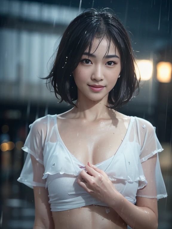 ((Top Quality, 8K, Masterpiece: 1.3)), (high detail: 1 in 1), (Focus on face),buttocks: 1.2, (Perfect Body Beauty: 1.4), ((Layered Haircut, Chest: 1.4)), (Rain:1.6), (in Street), (Wearing a (wet:1.4) white  with miniskirt and Loose Tie), Very detailed face and skin texture, narrow eyes, double eyelids, whitening skin, long hair, (Shut up: 1.3), smile,extra, real photo, psd, lamp film photography, sharp focus, contrast lighting, detailed skin, high resolution 8k, crazy detail, realistic, professional photography, 8k uhd, SLR camera, soft lighting, high quality, film grain, fujifilm XT3,