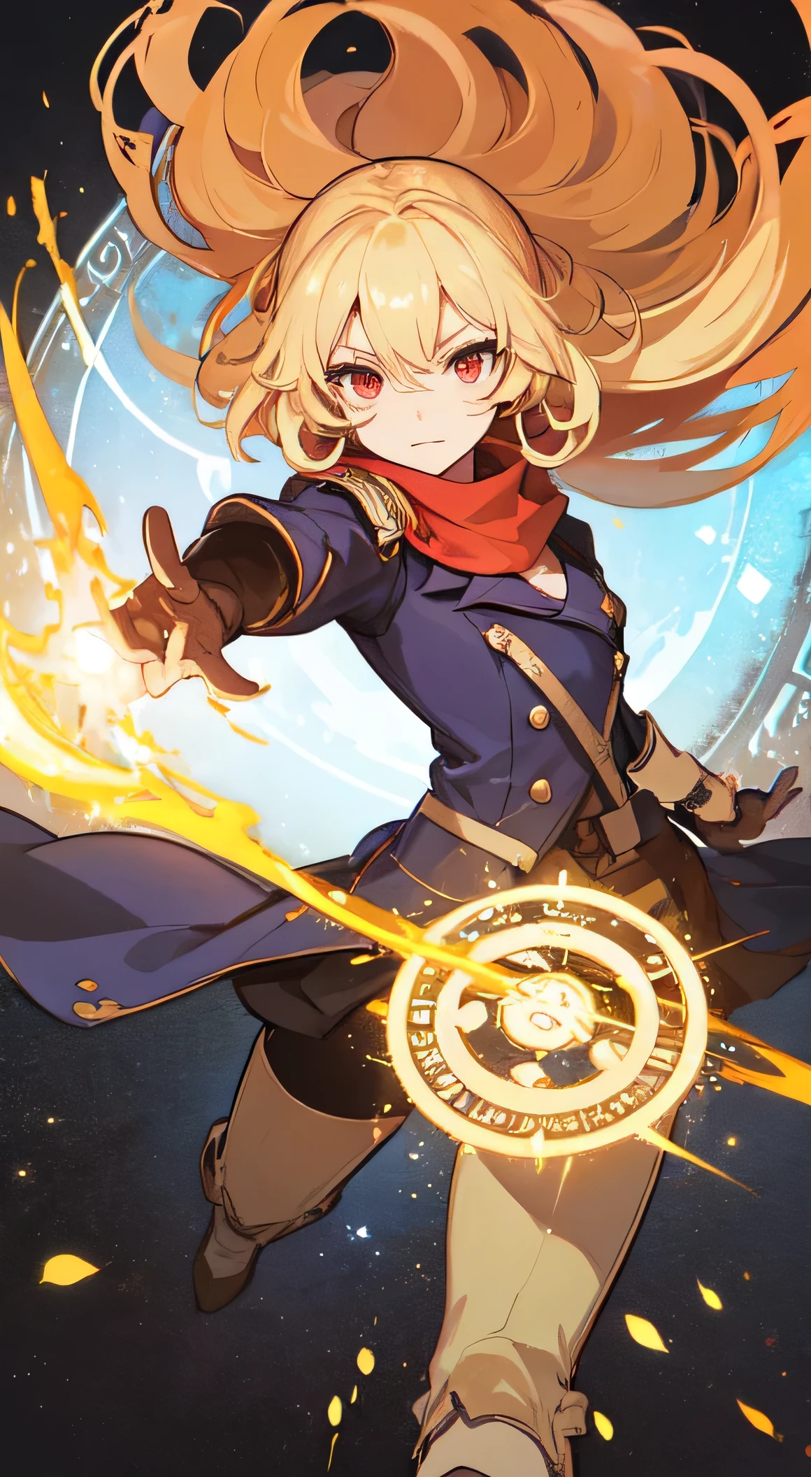 25 year old female ,Blonde medium length curly hair, red eyes, Thin, Big  ,scarf, Western style light guerrilla uniform, musket, boots, magic circle, Make it like tarot anime style but without the frame, sharp eyes, Golden energy, Golden particles, gunpowder