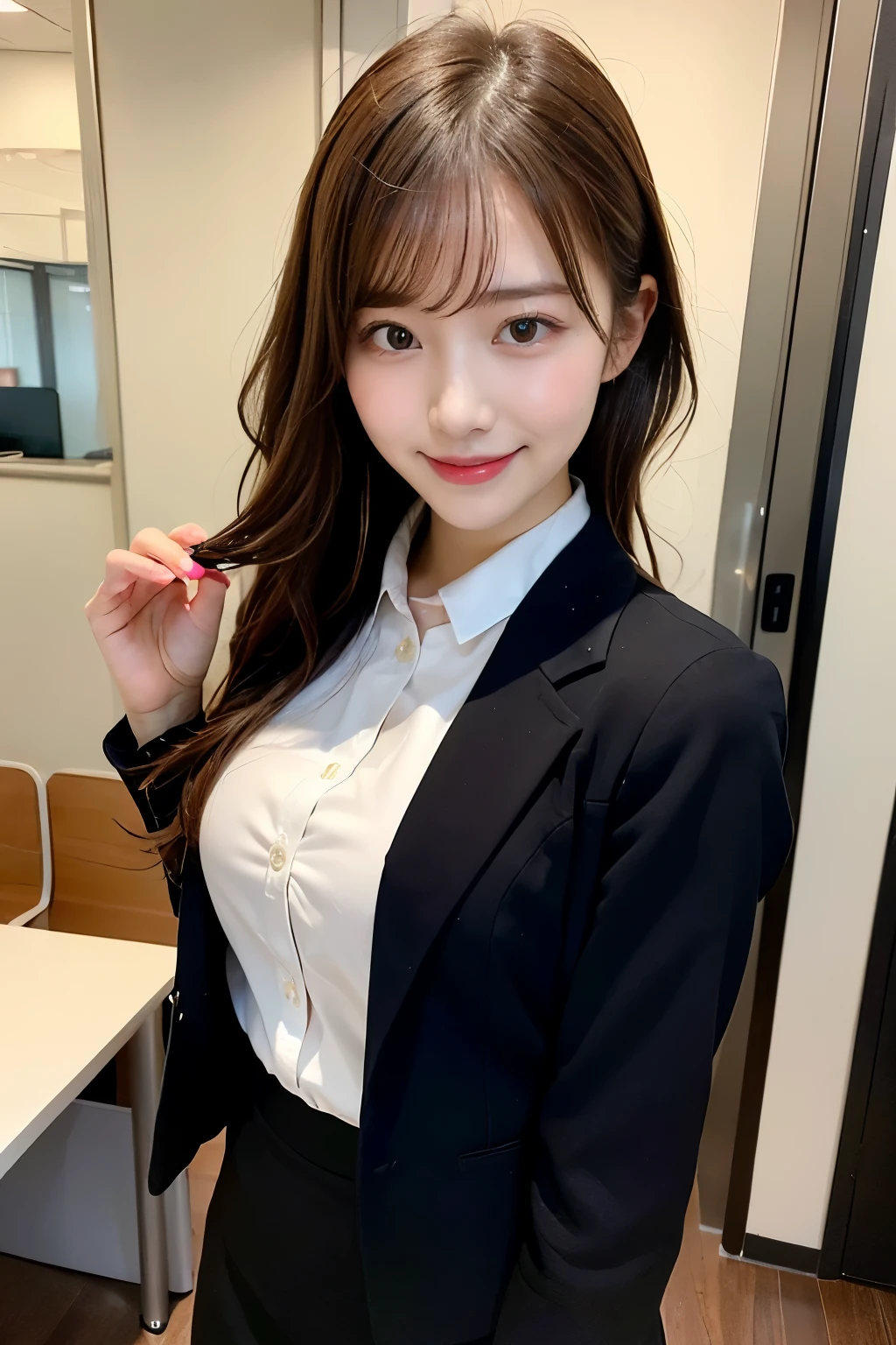((office room))、laughter、19 year old beautiful Japan woman:1.5,(realistic、Photoreal:1.37)、(masterpiece)、(highest quality:1.4)、(超A high resolution:1.2)、(Raw photo:1.2)、(sharp focus:1.3)、(Sexy random poses with butt sticking out:1.2)、elegant、(Full body Esbian:1.2)、(A slender girl、A detailed pencil skirt and a black suit jacket、wearing a white shirt。:1.3)、(OL)、professional attire、high heels、(24-years-old:1.1)、(smile:1.3)、(make your hair shine:1.3)、 brown haired、long hair、 Short pencil skirt,Flashy makeup with red eyeshadow,
(medium milk:1.2)、(Bright daylight interior:1.2), Take a photo of your back、beautiful and delicate eyes、 see the beholder,、(cute)、emphasize the buttocks