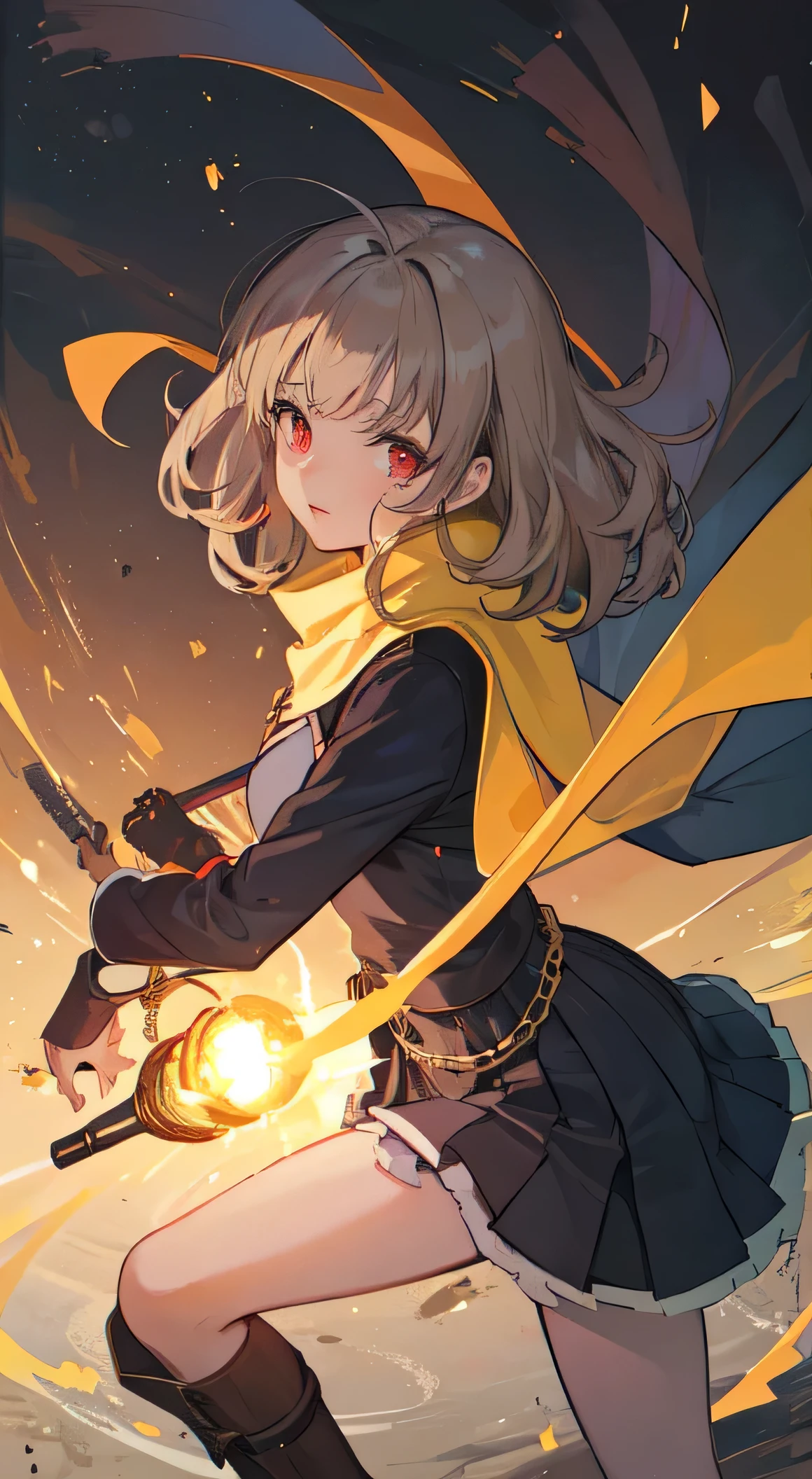 25 year old female ,Blonde medium length curly hair, red eyes, Thin, Big  ,scarf, Western style light guerrilla uniform, musket, boots, magic circle, Make it like tarot anime style but without the frame, sharp eyes, Golden energy, Golden particles, gunpowder