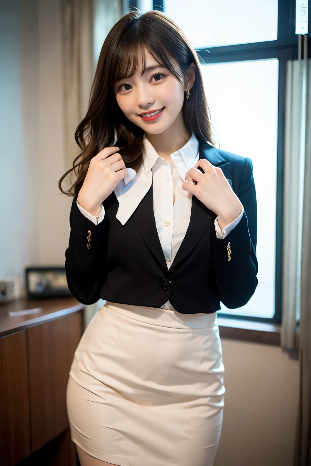 ((office room))、laughter、19 year old beautiful Japan woman:1.5,(realistic、Photoreal:1.37)、(masterpiece)、(highest quality:1.4)、(超A high resolution:1.2)、(Raw photo:1.2)、(sharp focus:1.3)、(Sexy random poses with butt sticking out:1.2)、elegant、(Full body Esbian:1.2)、(A slender girl、A detailed pencil skirt and a black suit jacket、wearing a white shirt。:1.3)、(OL)、professional attire、high heels、(24-years-old:1.1)、(smile:1.3)、(make your hair shine:1.3)、 brown haired、long hair、 Short pencil skirt,Flashy makeup with red eyeshadow,
(medium milk:1.2)、(Bright daylight interior:1.2), Take a photo of your back、beautiful and delicate eyes、 see the beholder,、(cute)、emphasize the buttocks