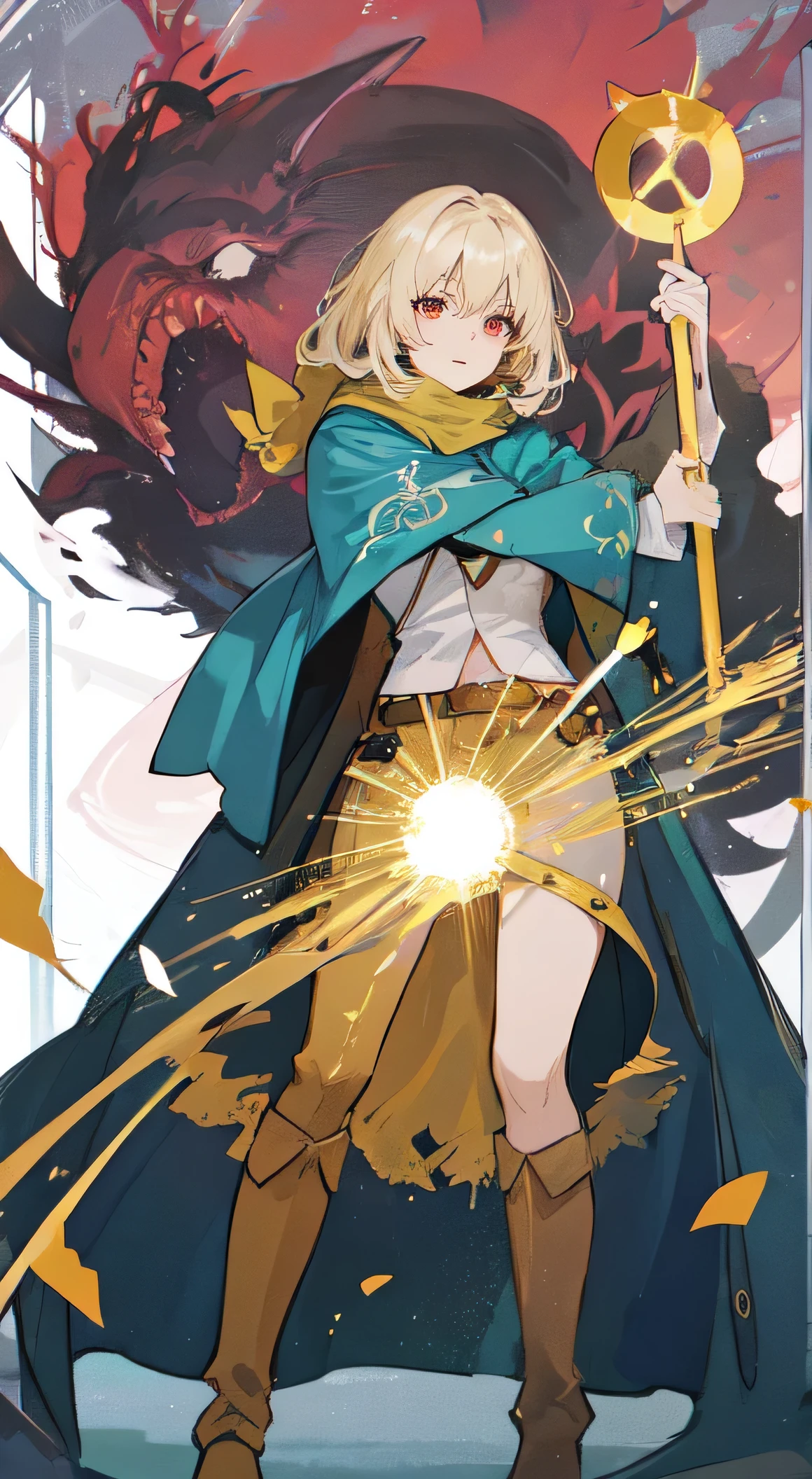 25 year old female ,Blonde medium length curly hair, red eyes, Thin, Big ,scarf, Western style light guerrilla uniform, musket, boots, magic circle, Make it like tarot anime style but without the frame, sharp eyes, Golden energy, Golden particles, gunpowder