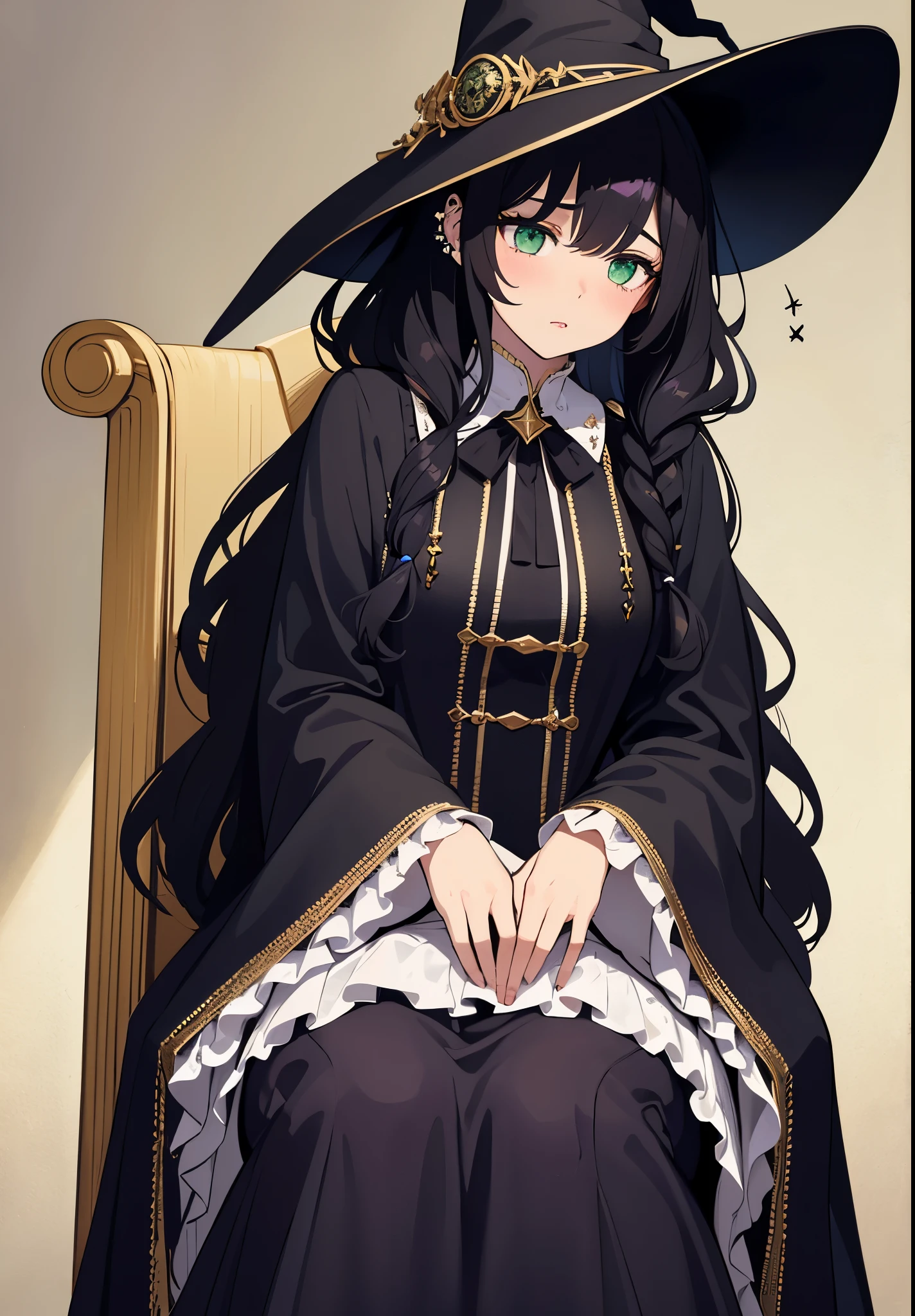 ((Dynamic Angle)), solo, girl with black curly hair, ((throne)), long wavy locks cascading down, piercing green eyes, ((witch hat)), ((exquisite)), witch outfit complete with a frilly purple cloak, thick outlines defining the intricate details, white outlines accentuating the smooth textures, vintage-inspired dress adorned with silver stars, a sigh of contentment escaping her lips as she leans back in thought.