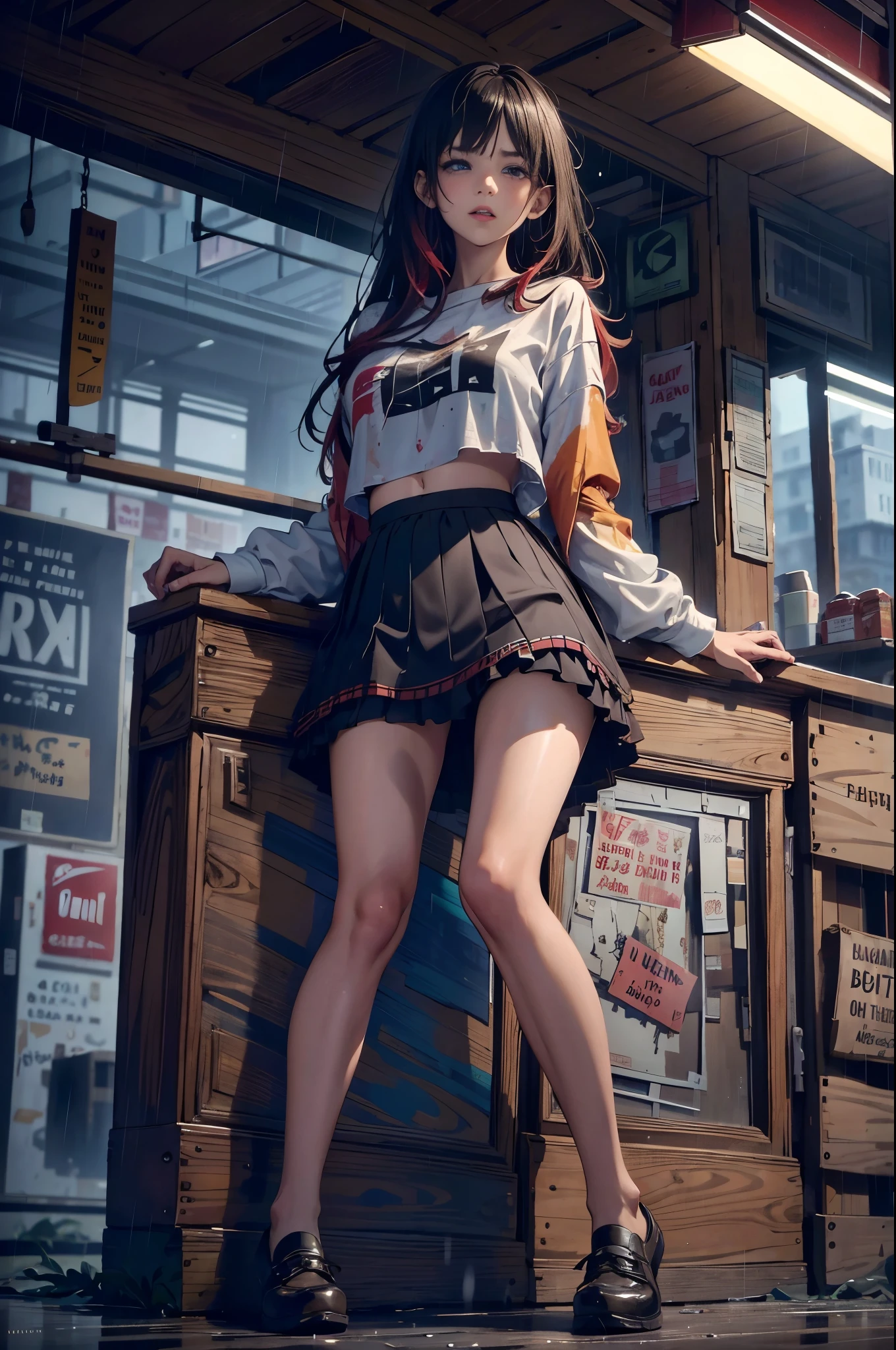 Located in the center,((looking at the camera in:1.2)),(nearing perfection:1.4),dynamic,smooth private parts,Focus sharp,lamplight,Artwork by Carne Griffiths and Wadim Kashin . Vibrant brushstrokes, bold colour,Be expressive, Emotional, offcial art,Unity8k wallpaper,ultra - detailed,Beautiful and beautiful,tmasterpiece,Best quality at best,1 girl,The content is very detailed,Beautiful eyes，cabelos preto e longos，short blouse，(ruffle short skirt)，student shoes，Chaos in its most beautiful form,Elegant,Fauvistdesign,vibrant with colors,((Corner store))，(natta，heavy rain)，