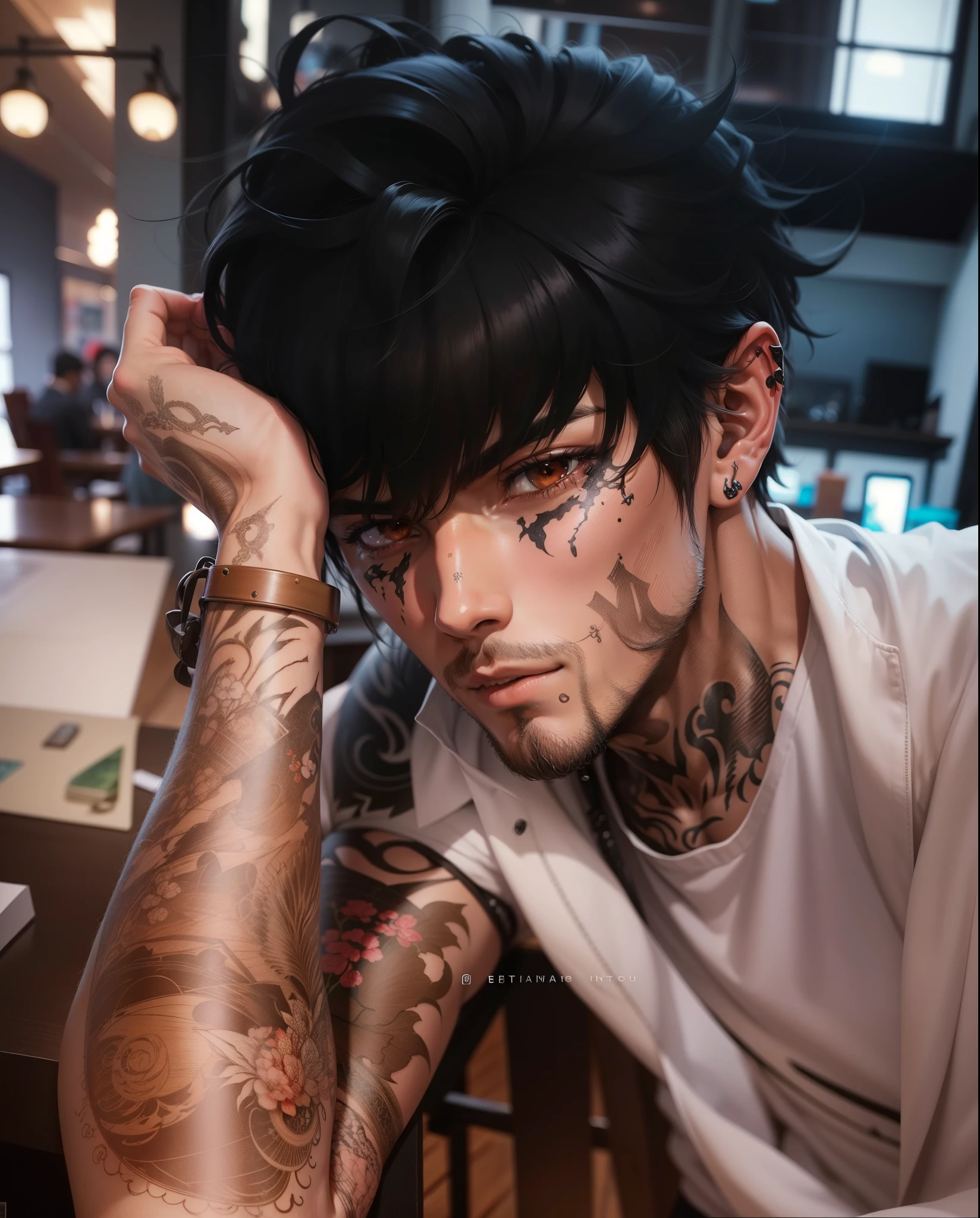 a man with tattoos on his arms and arms resting on a table, handsome guy in demon slayer art, acionar estilo de arte de anime, Estilo de arte anime realista, estilo de anime masculino, Estilo de realismo de anime, estilo de arte de anime realista, ✏️🎨, cute japanese demon boy, estilo anime semi-realista, realism art style, trends in deviant art, fanart requintada altamente detalhada