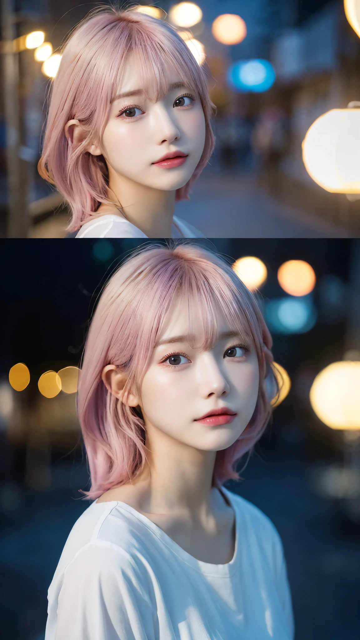 It's dusk、lightly dressed、exposed、thin white shirt、(highest quality,masterpiece:1.3,超A high resolution,),(super detailed,caustics),(Photoreal:1.4,RAW shooting,)ultra-realistic capture,very detailed,High definition 16K for human skin、 Natural skin texture、、Skin looks even-toned and healthy、 Use natural light and color,one woman,Japanese,,cute,pink haired,middle hair,(Depth of the bounds written、chromatic aberration、、wide range of lighting、natural shading、)、(Outdoor lights at dusk:1.4)、(hair swaying in the wind:1)、short hair、Put on your ears、The setting sun is shining in、older sister