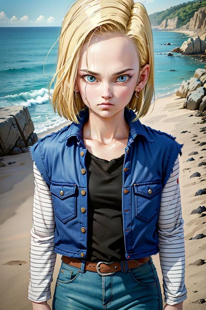 android 18,blonde hair, short hair, blue eyes, wearing earrings, vest, black shirt, long sleeves, denim jacket, looking at viewer,serious Face, close up portrait, outside, beach, ocean, blue sky, high quality, masterpiece,  