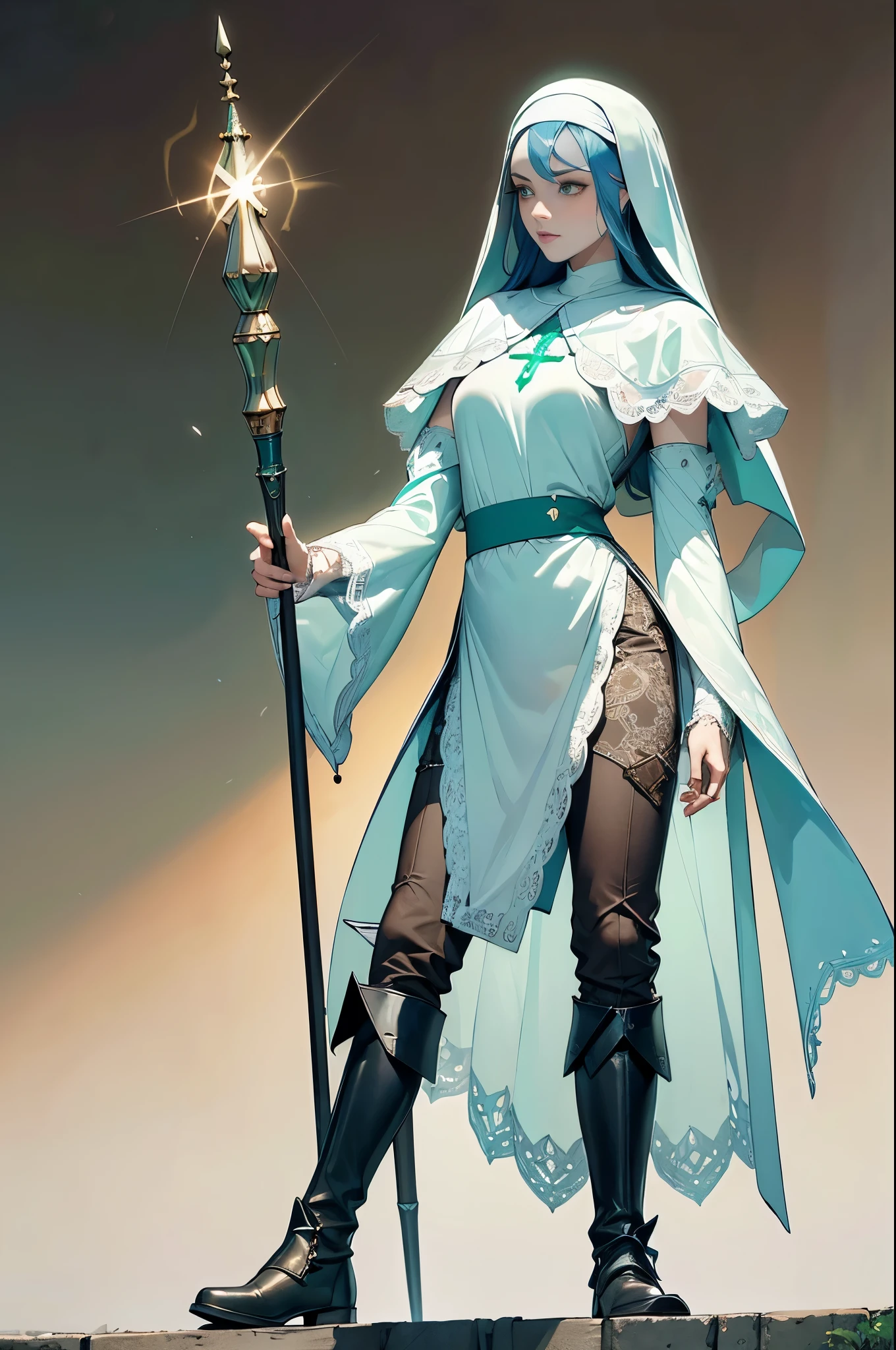 masterpiece, ultra detailed, 8k portrait, RAW photo, portrait photography, Highly detailed face, beautiful and meticulous eyes, ((Fantasy)), Young beautiful, (((Nun))), (((((standing))))), ((light blue long thin hair)), ahoge, forehead, Gentle face, White skin, (((green and white puffy sleeve lace priest robes))), ((brown cape)) Fluttering in the wind, (((lowleg kneel length pants))), Leather boots, ((((equip a magic wand)))), Midday Sun, Hyper realistic, Body model, Small breasts, Beautiful breasts, Long legs, in the medieval adventurer's guild, Ambient lighting, Shadow details, Camera focus on face, strong breeze, Light fog