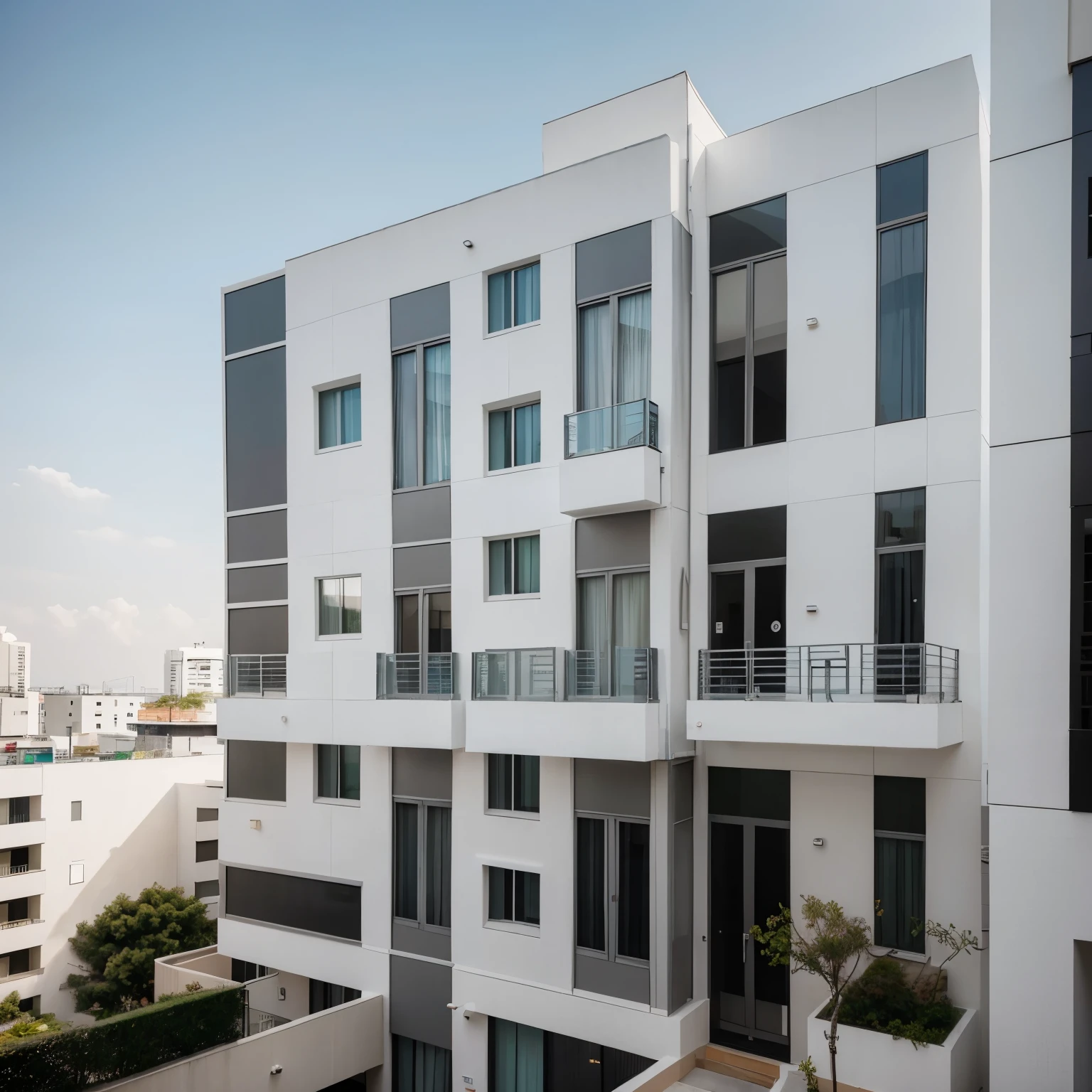 Hotel artemisa suites, modern design building, cuenta en el primer piso enchapado con porcelana marmolizada gris y cuenta con un porton y ventana blancos, que colores podrias recomendarme para los demas pisos de la fachada de 4 pisos en total