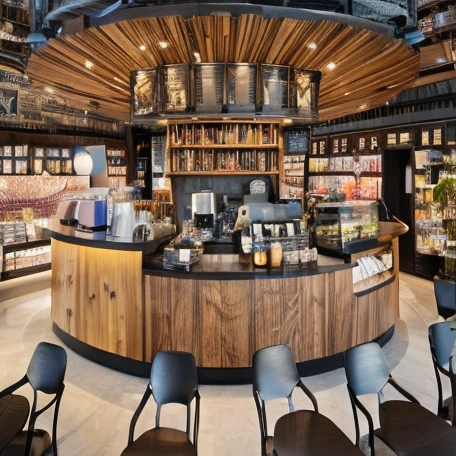 Relaxing Coffee Shop。There are bookshelves and luxurious chairs.。