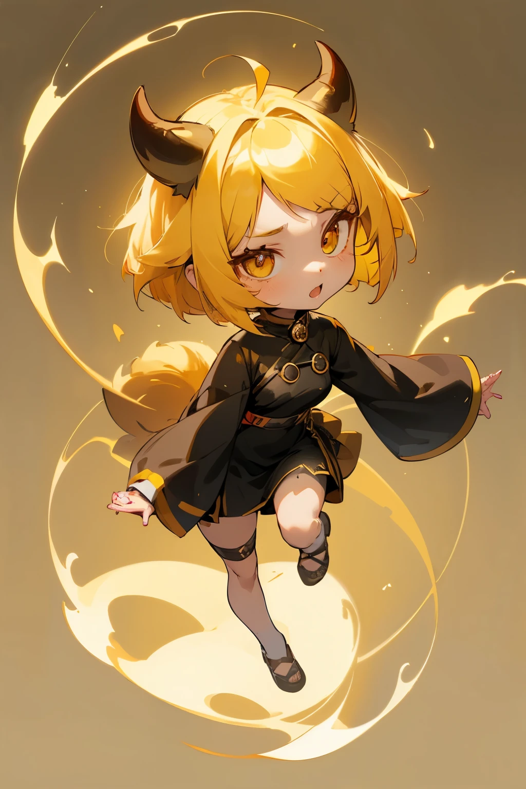 girl, full body, cartoon style, chibi style, cute, dog tail, dog ear, Demon horns from the forehead, devil, beautiful face, yellow color eye, beautiful eye, high detailed pupil, double eyeylid, high detailed skin, high quality skin, yellow color hair, bob cut hair, black clothes, masterpiece,