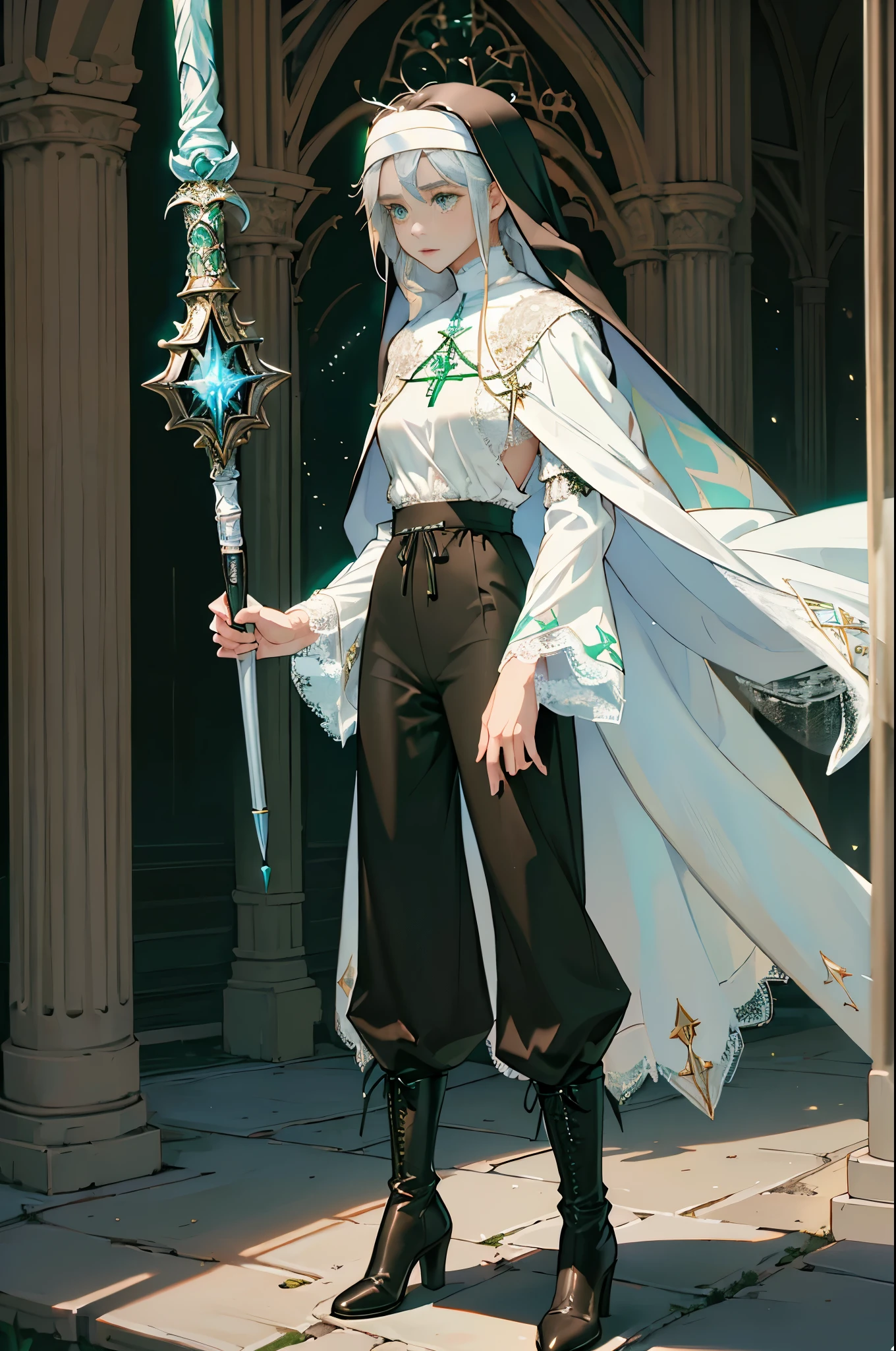 masterpiece, ultra detailed, 8k portrait, RAW photo, portrait photography, Highly detailed face, beautiful and meticulous eyes, ((Fantasy)), Young beautiful, (((Nun))), (((((standing))))), ((light blue long thin hair)), ahoge, forehead, Gentle face, White skin, (((green and white puffy sleeve lace priest robes))), ((brown cape)) Fluttering in the wind, (((lowleg kneel length lacy pants))), Leather boots, ((((equip a magic wand)))), Midday Sun, Hyper realistic, Body model, Small breasts, Beautiful breasts, Long legs, in the medieval adventurer's guild, Ambient lighting, Shadow details, Camera focus on face, strong breeze, Light fog