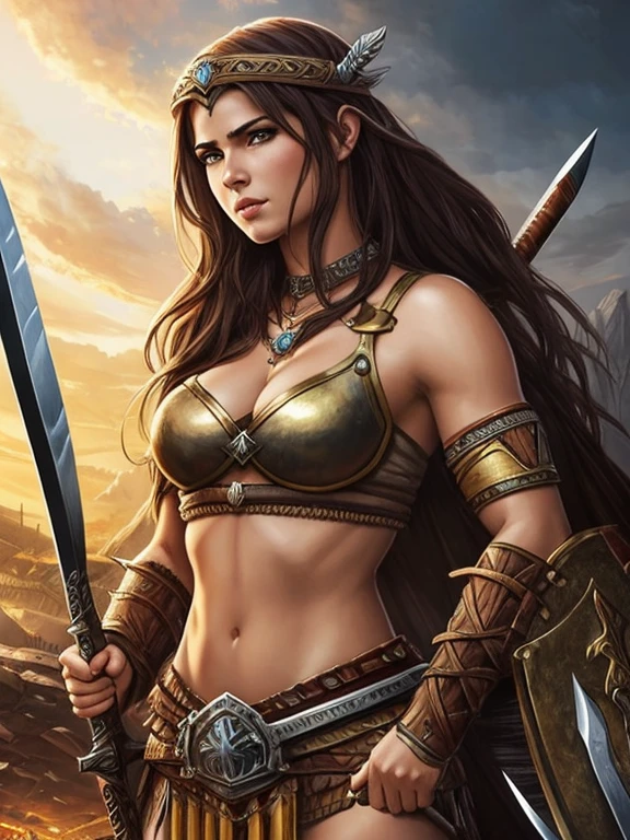 Crie uma pintura digital, 4K, Melhor qualidade,sexytoon,a woman in armor holding a knife and a knife in her hands, barbarian guerreiro woman, guerreiro woman, guerreiro, guerreiro girl, uma mulher berserker muito bonita, a beautiful guerreiro woman, Valkyrie, barbarian woman, guerreiro queen, guerreiro princess, epic color illustration, north guerreiro, epic fantasy art style hd, very beautiful barbarian woman, beautiful guerreiro