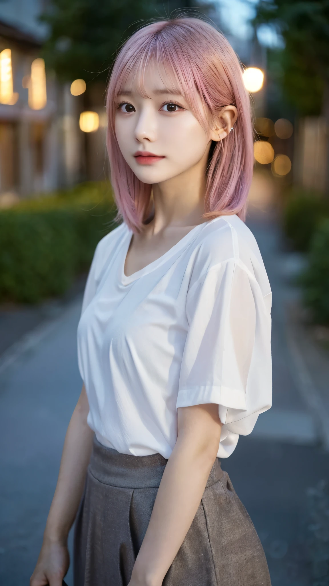 It's dusk、lightly dressed、exposed、thin white shirt、(highest quality,masterpiece:1.3,超A high resolution,),(super detailed,caustics),(Photoreal:1.4,RAW shooting,)ultra-realistic capture,very detailed,High definition 16K for human skin、 Natural skin texture、、Skin looks even-toned and healthy、 Use natural light and color,one woman,Japanese,,cute,pink haired,middle hair,(Depth of the bounds written、chromatic aberration、、wide range of lighting、natural shading、)、(Outdoor lights at dusk:1.4)、(outdoor lights at night:1.4)、(hair swaying in the wind:1)、short hair、Put on your ears、The setting sun is shining in、older sister