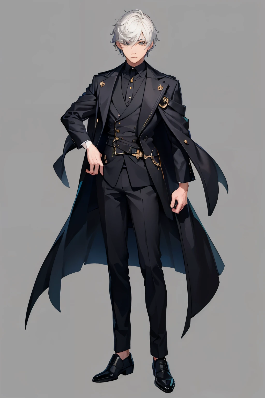 short hair有雀斑的男孩，short hair，Short hair style,Male Characters，Wear an overcoat，honest，honest，sluggish，strong，whole body，Includes legs and feet，dark style，gothic style，facing the camera，whole body，whole body绘制，facing the camera，White background，Expose the entire body，front