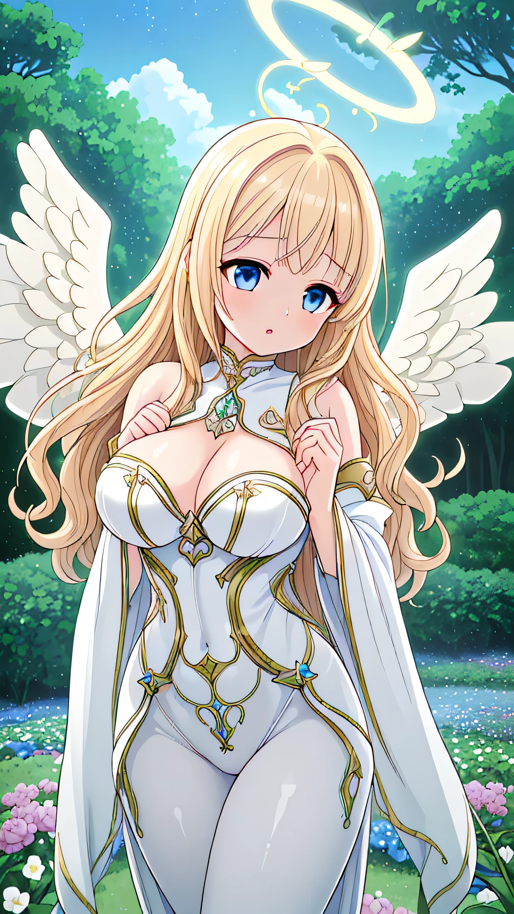 (best quality,4k,8k,highres,masterpiece:1.2),ultra-detailed,(realistic,photorealistic,photo-realistic:1.37),angel costume,golden shining wings,beautiful detailed face,curly long blonde hair,big sparkling blue eyes,glossy pink lips,tall slender figure,perfect hourglass shape,graceful and elegant posture,heavenly aura,surrounded by ethereal light,fluffy white clouds,glowing halo hovering above her head,lush green garden with blooming flowers,butterflies flying around,serene and tranquil atmosphere,vivid colors,soft and warm color tones,soft natural lighting,subtle shadows enhancing the depth and dimension of the scene,angelic singing in the background,creating a sense of peace and harmony.