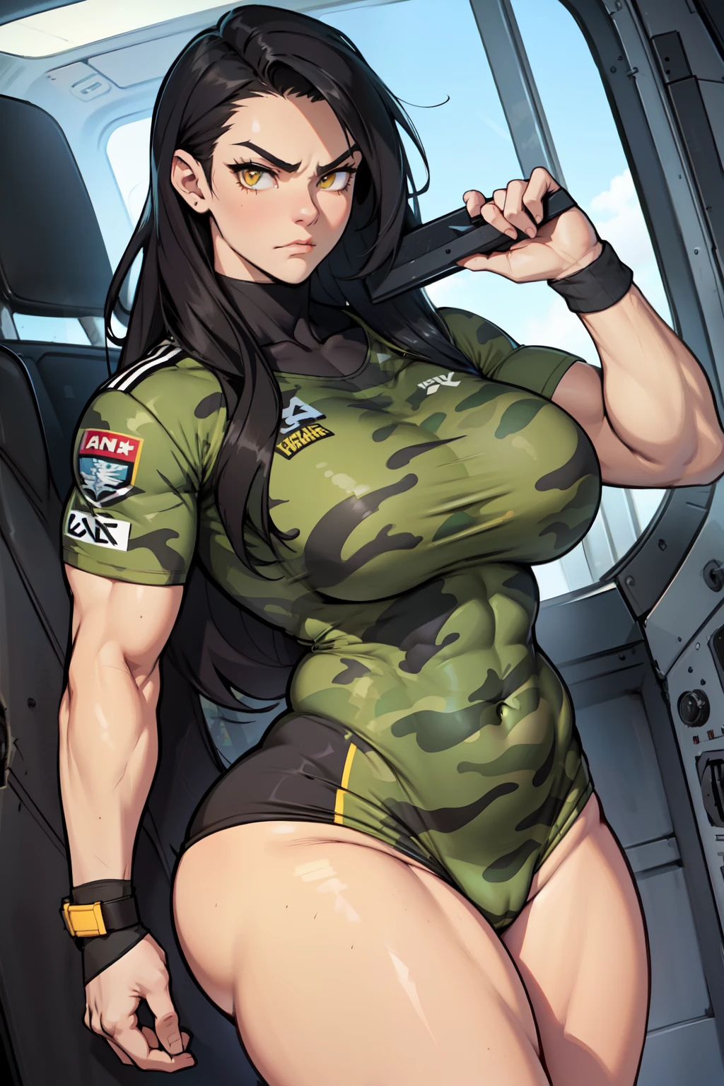 solo, 1 girl, (very long hair), black hair, angry, yellow eyes pale skin (wide ???? thick thighs curvy muscular toned body bodybuilder huge ????) (camo uniform)