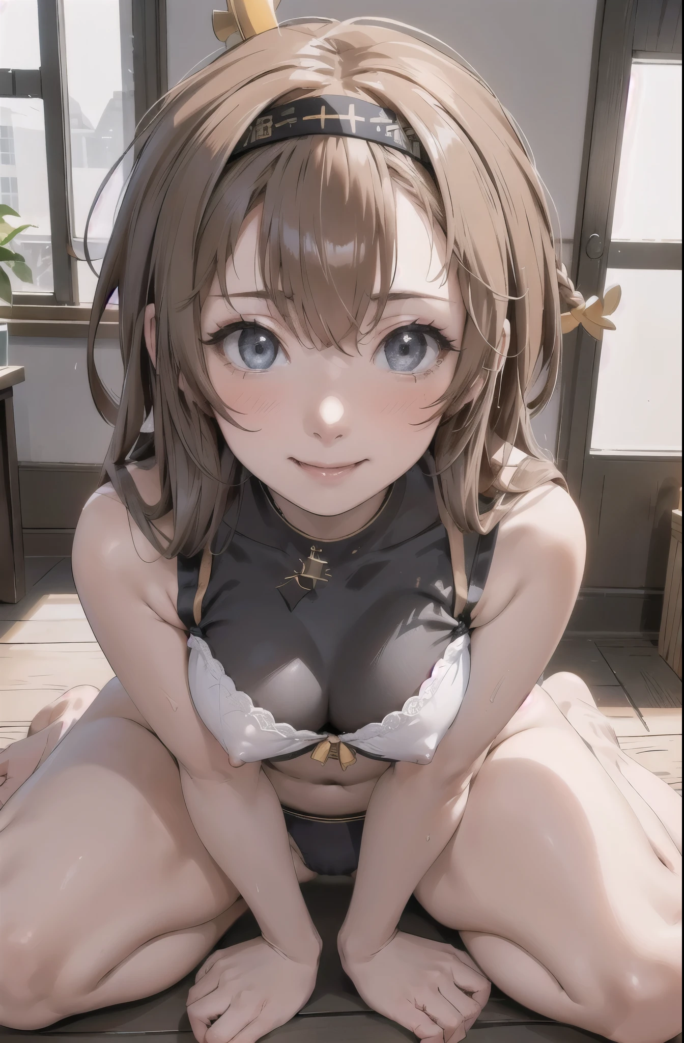 (masterpiece, highest quality:1.4), (Super detailed:1.2),studio light, [best shadow],
(KonishiCSA)_(ShizumaCSA)_(HoshiakariCSA), (Alpha CDE)_(Gamma CDE),
break
(perfect anatomy), (symmetrical eyes, Super detailed eyes, beautiful eyes), (sharp eyeliner, Super detailed face, beautiful face), (gray eyes),
break
TeruzukiKC, (Teruzuki), (((black) hachimaki)), ((propeller) hair ornaments), (full body figure), (headband)
break,((nsfw))
 , smile, blush, (indoor, office, living room),
flashy underwear, (light blue panties), (light blue bra), squat, spread legs, erect nipples