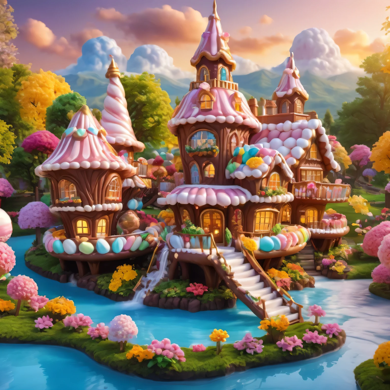 (Super detailed,actual:1.37),(best quality,4K,8K,high resolution,masterpiece:1.2),landscape,candyland,Sweet,magic,Comfortable,Tasteful,delicious,Beautifully decorated chocolate house,Winding River,Sparkling Chocolate Fountain,Various chocolate sculptures,Flowering Marshmallow Tree, golden sunset,sweet candy flowers,way,Fairy lights illuminate the village,Marshmallow clouds floating in the sky,Unforgettable chocolate adventure.