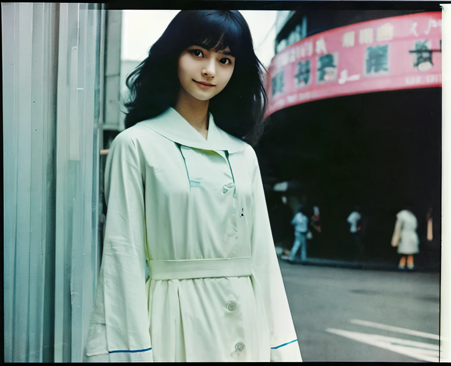 color unsharp masking quality. (A young Japanese woman as world tallest height as aditya romeo dev). thick outline. blurry photo. color slide film. 1958.