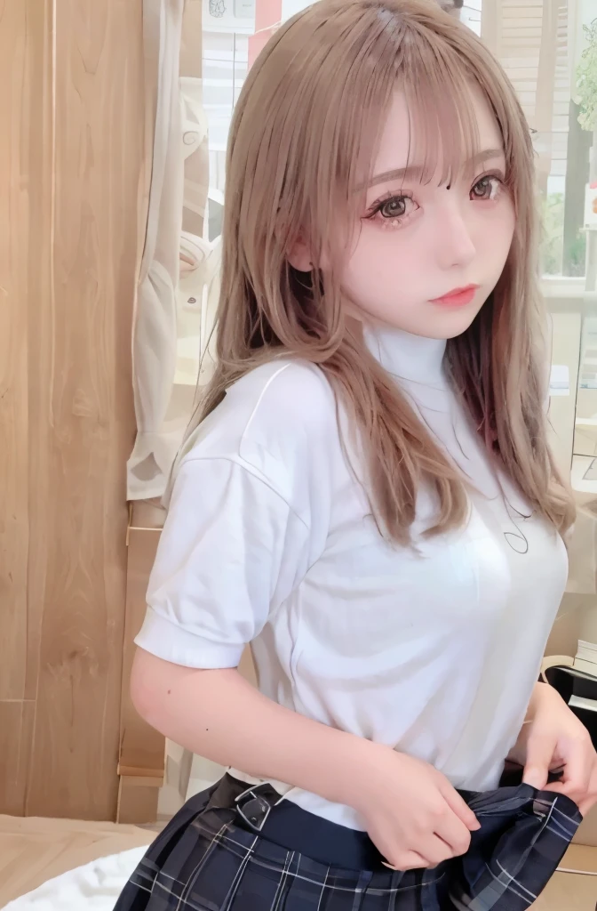 (((NFSW:1.3)),((I can see the pants)),((panty shot:1.3)),((skirt lift:1.3)),((panty shot:1.3)),((skirt lift:1.3)),((panty shot:1.3)),((skirt lift:1.3)),1 girl, single, alone, Beautiful woman、((I could see the whole body:1.3))、 ((middle wave hair, bangs, brown hair)), ((brown eyes, beautiful eyelashes, realistic eyes)), ((detailed face, blush:1.2)), ((smooth texture:0.75, realistic texture:0.65, realistic:1.1, Anime CG style)), perfect body, (( white shirt)), ((black skirt:1.3)), 1 girl,(highest quality,4k,8K,High resolution,masterpiece:1.2),1 Beautiful woman,18-year-old,35mm lens,f/1,considerable breasts,soft sunlight,bright colors,playful expression