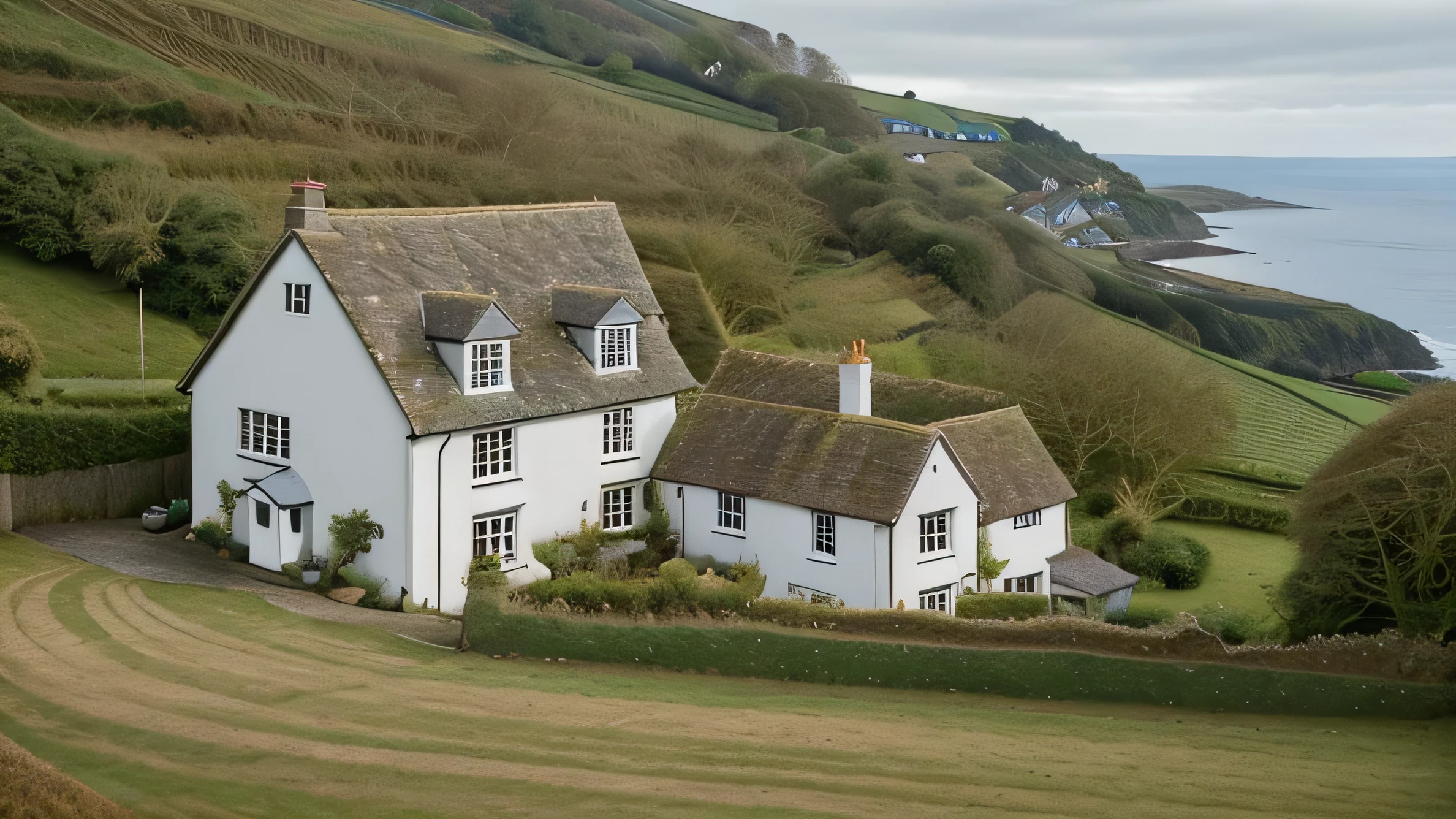 small english farm house, hillside, ocean in background