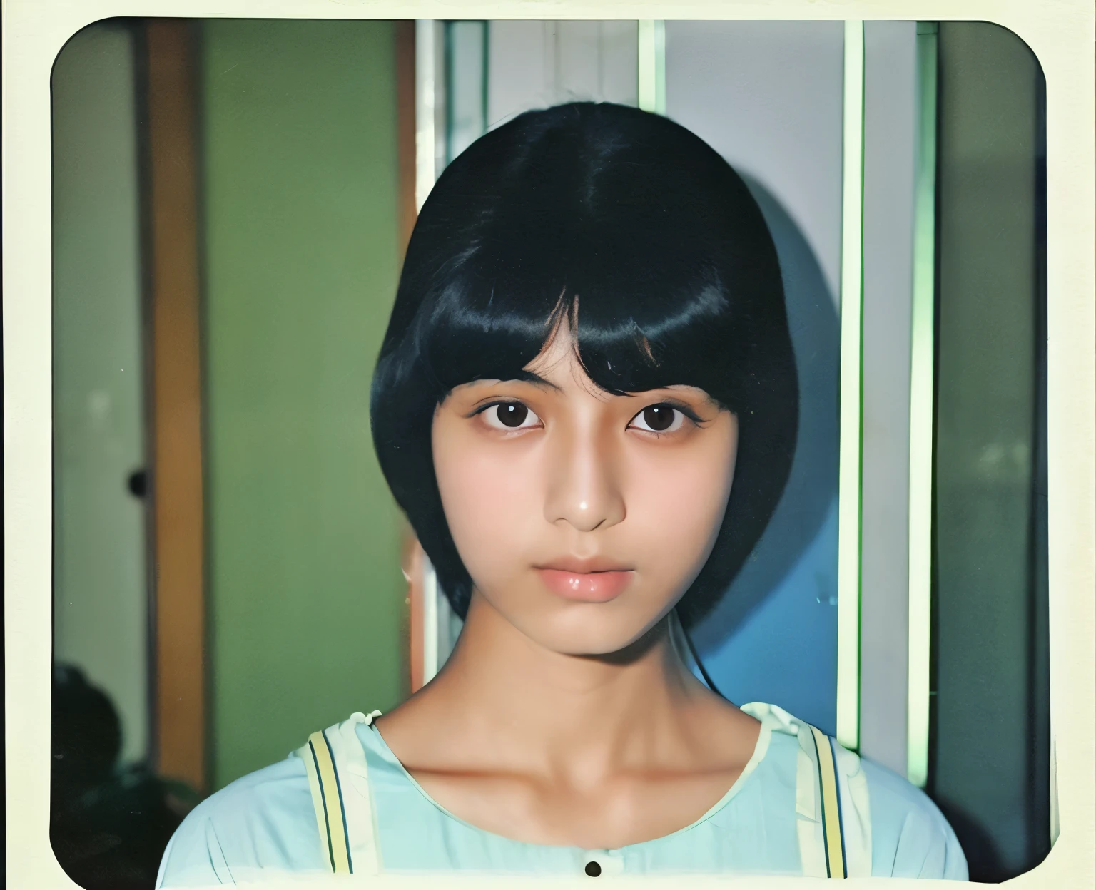 color unsharp masking quality. (A young Japanese woman as world tallest height as aditya romeo dev). thick outline. blurry photo. color slide film. 1958.