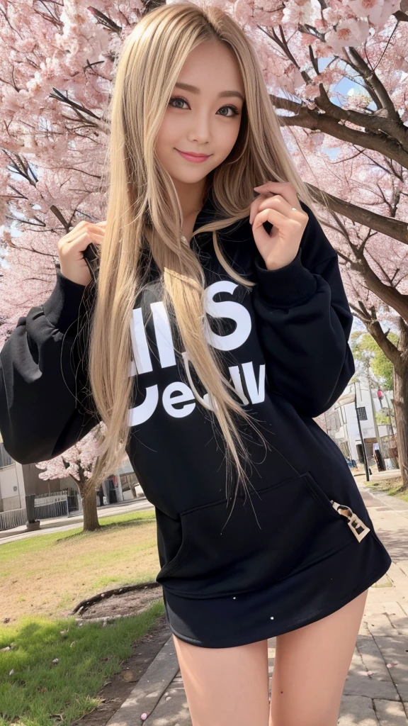 (Raw photo,realistic, Photoreal: 1.4, masterpiece, highest quality), 8K, 1 Beautiful Japan Woman, alone, 20-year-old, cute smile, Fairly medium-sized breasts, Beautifully detailed round eyes, Droopy Eyes 1.4, long blonde hair, wavy hair, (Highly detailed face and skin texture), black skin, Nji, full body,whole body,Random girly attractive poses,Oversized pink hoodie,black super mini skirt,Cherry blossom trees,garden,